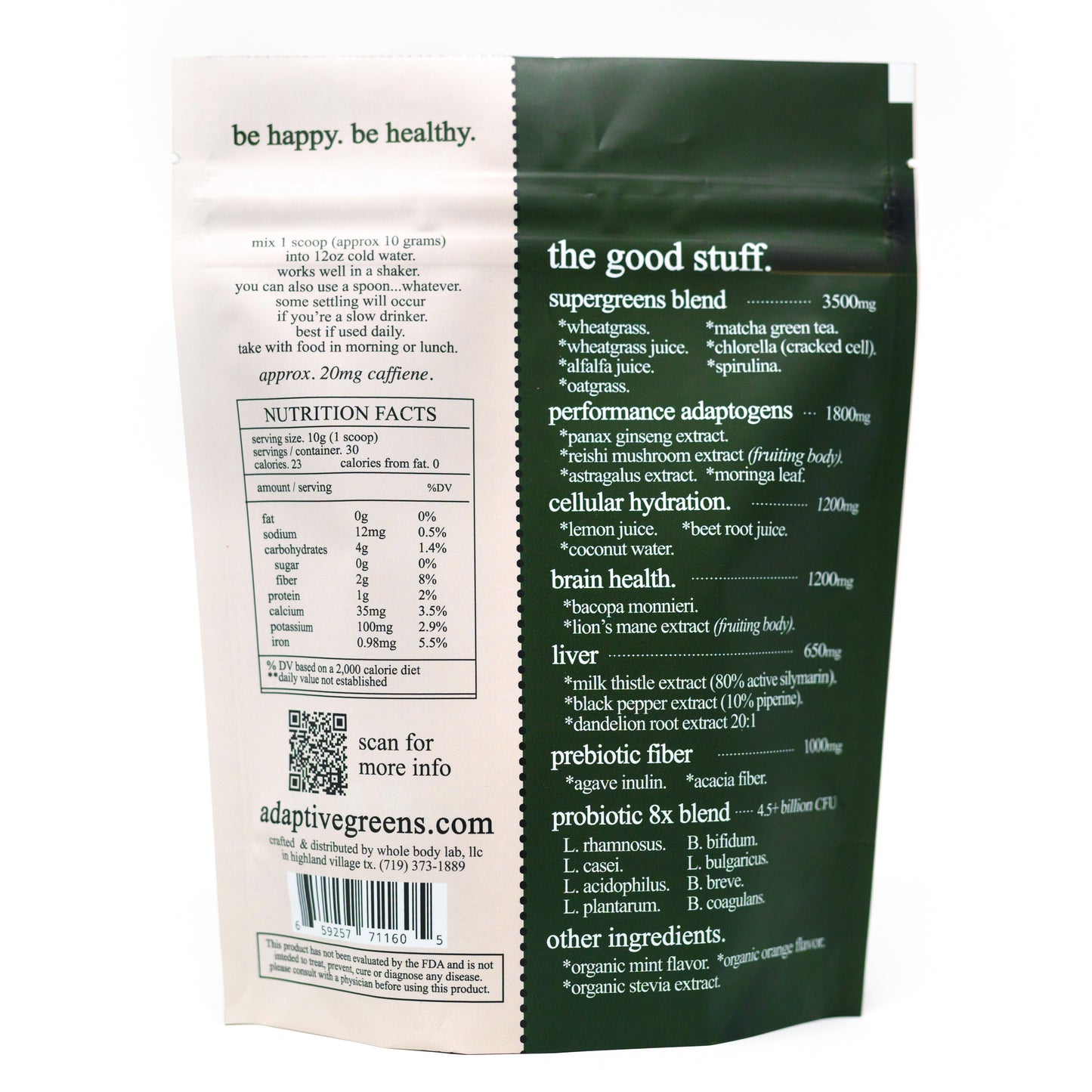 A green and white pouch labeled "adaptive greens. performance superfood." by Roots Apothecary displays nutrition facts, ingredients, directions, and adaptogens for nervous system health. A QR code, “be happy. be healthy.”, and contact info are also featured.