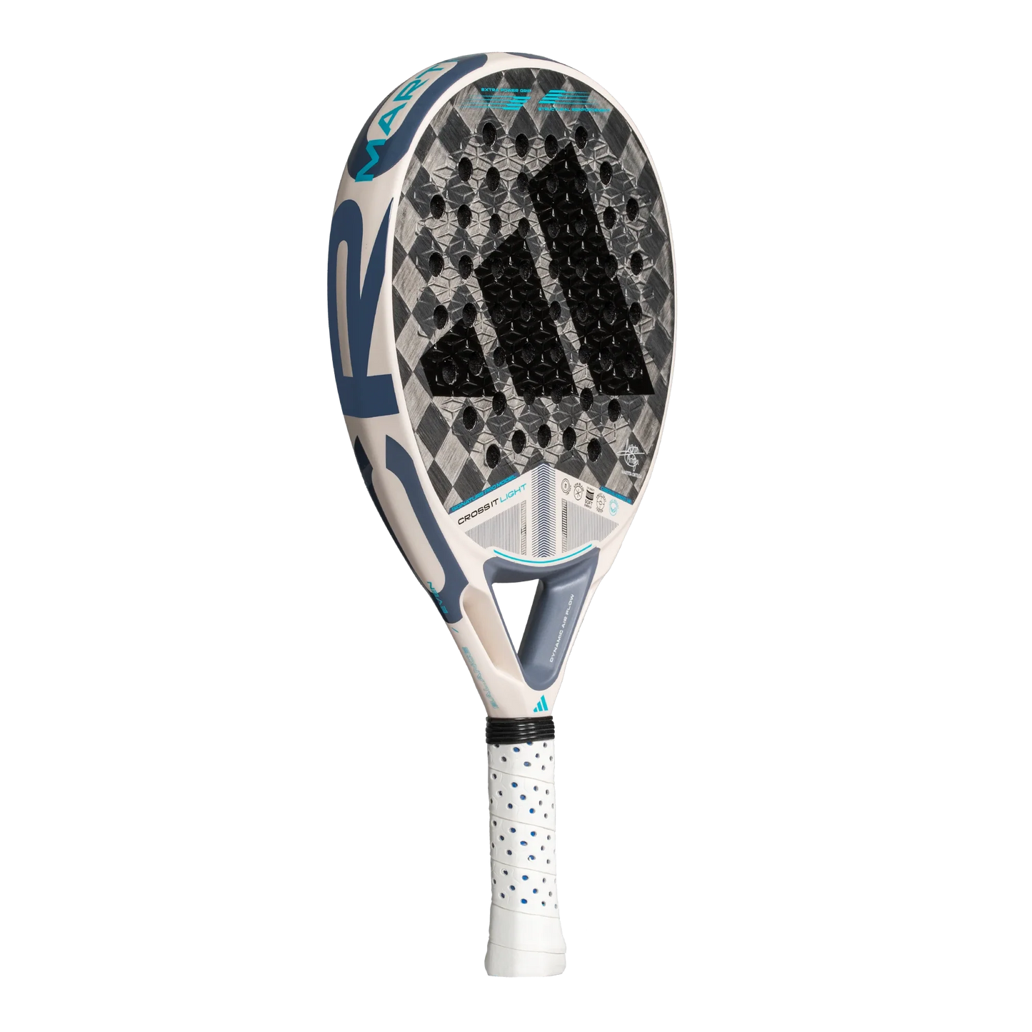 The Adidas Cross It Light 3.4 2025 from Padel USA is a white padel racket with a black diamond pattern, blue details, Adidas logo, and Martita Ortega's endorsement. Features include geometric shapes, perforations, and white grip tape with blue dots.