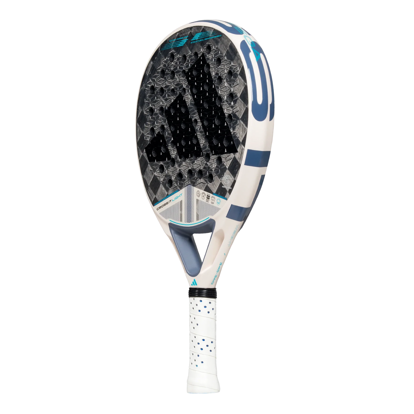 The Adidas Cross It Light 3.4 2025 by Padel USA features a white frame, blue accents, and a textured black honeycomb face. Its sleek design includes a white grip with blue dots and is inspired by Martita Ortega.