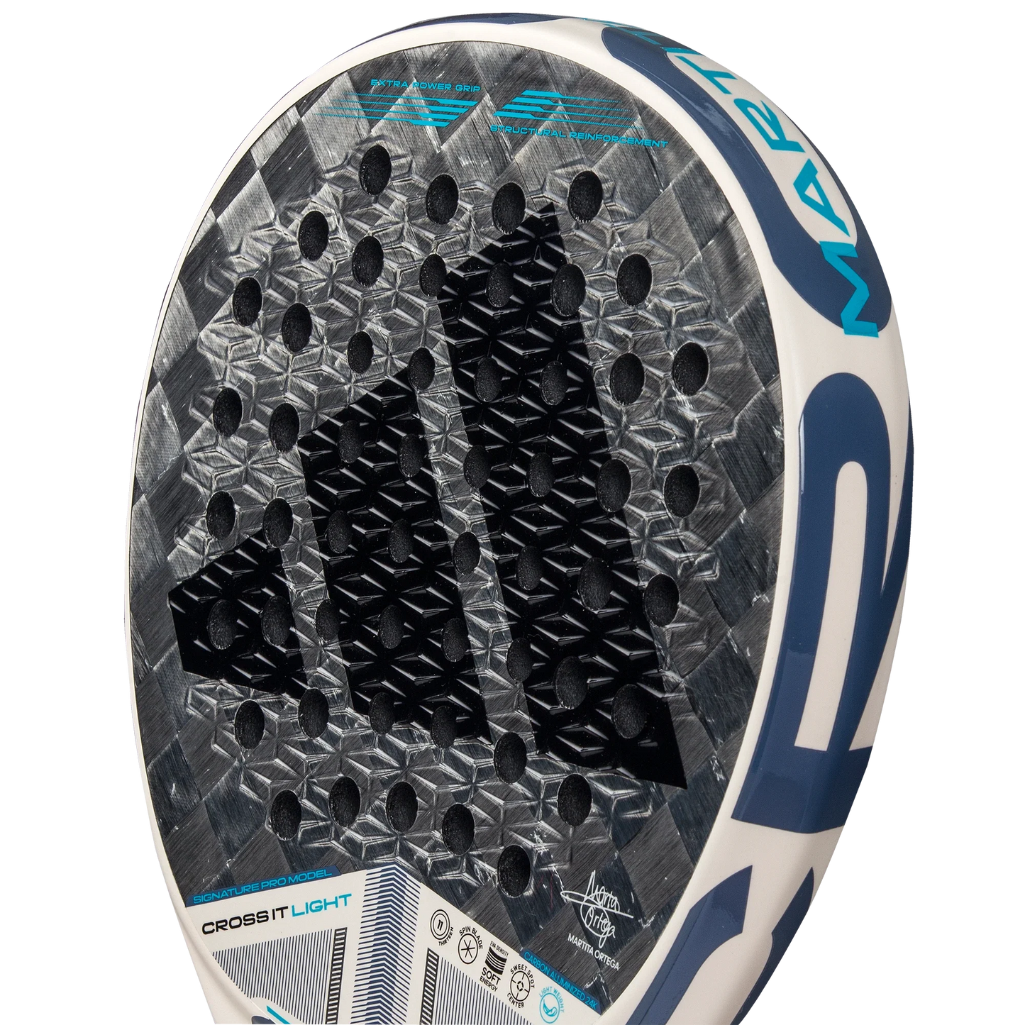 Close-up of the Adidas Cross It Light 3.4 2025 padel racket by Padel USA, featuring a metallic gray face with Martita Ortega's signature, black hexagons and circles, blue and white branding on the edge, and "CROSS IT LIGHT" text near the bottom.