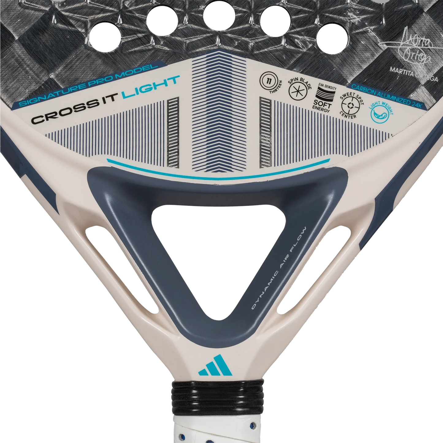 Close-up of the Adidas Cross It Light 3.4 2025 padel racket, offered by Padel USA, featuring a beige, grey, and blue design with the “Cross It Light” name, Martita Ortega’s signature, Adidas logo, and textured symbols on the surface.