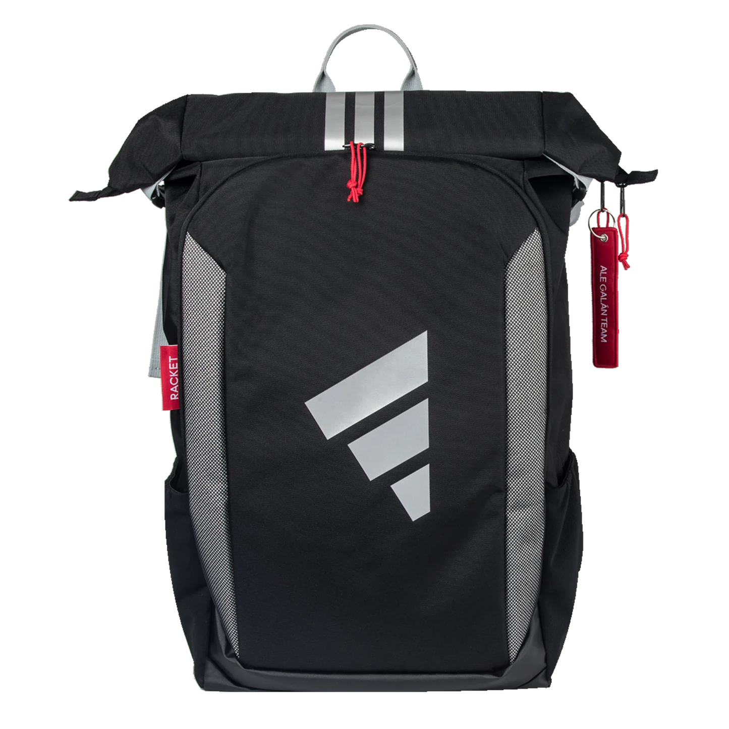 The Adidas MULTIGAME BLACK/RED Backpack 3.4 by Padel USA is a black everyday backpack with gray accents, three diagonal silver stripes, red zipper pulls (one labeled PACK IT), a side tag, roll-top closure, side mesh pockets, and a gray top handle.