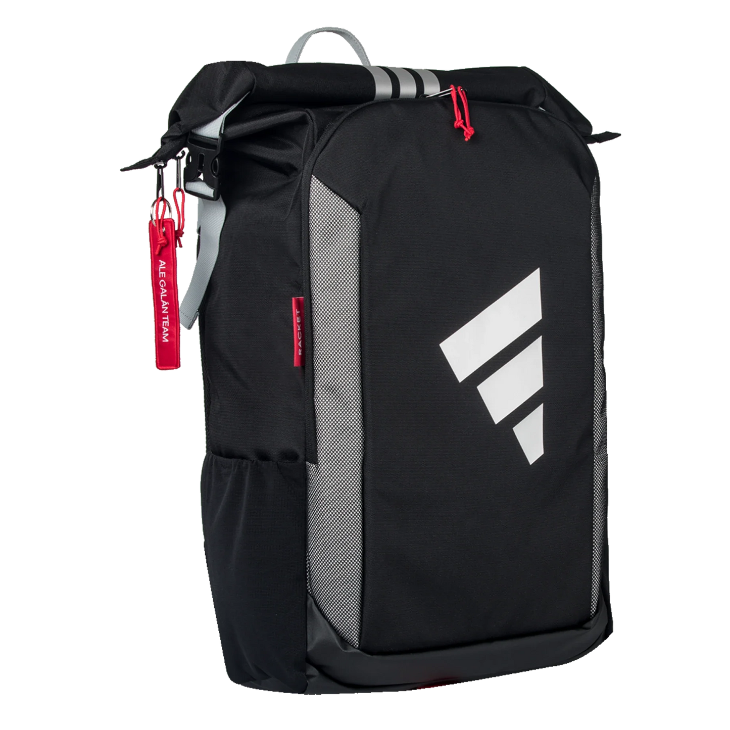 The Adidas MULTIGAME BLACK/RED Backpack 3.4 by Padel USA features a black rolltop design, large white geometric logo, gray mesh side panels, red zipper pulls and tag, metal buckle closure with gray straps, plus a side water bottle pocket.