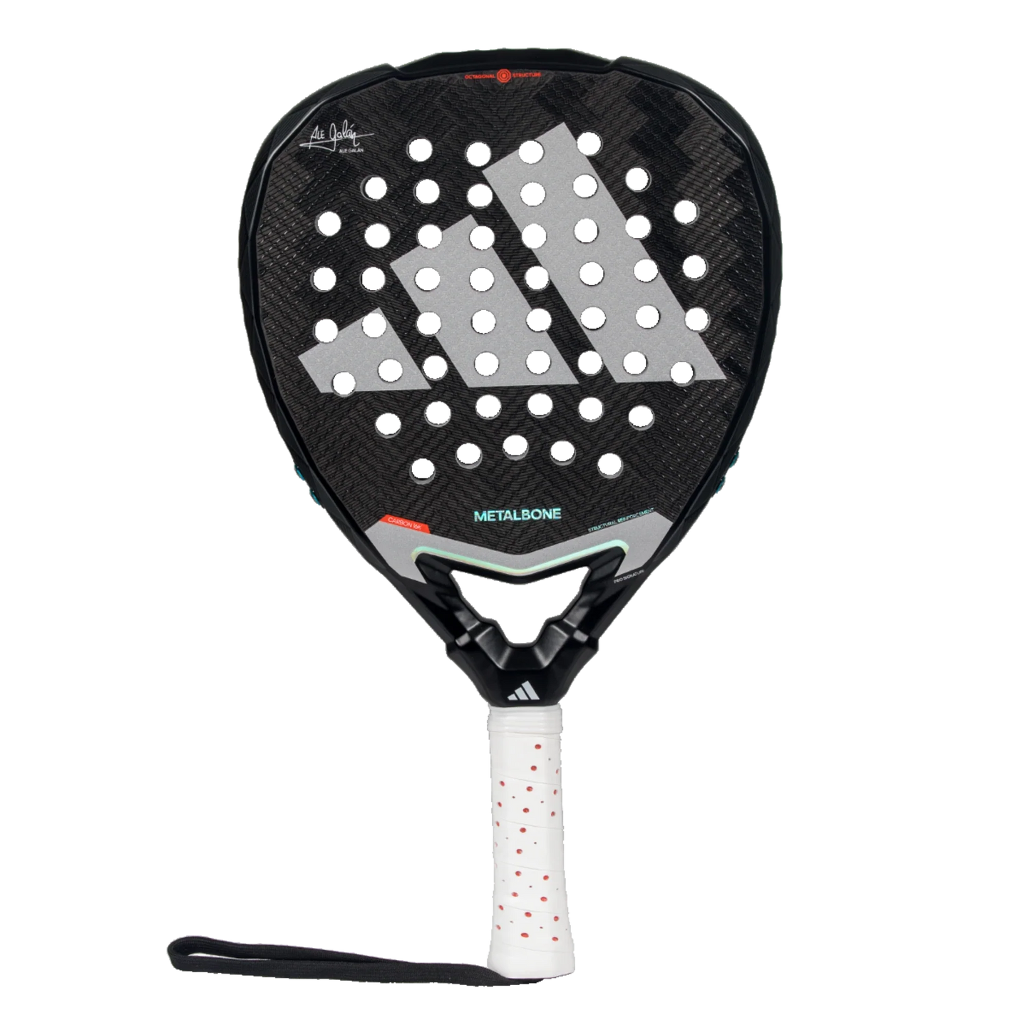 The Adidas Metalbone 3.4 by Padel USA is a black paddle racket with a large white logo, circular holes, METALBONE text, and a carbon fiber surface for power and control. It features a white grip with red dots, wrist strap, and is shown on a plain white background.