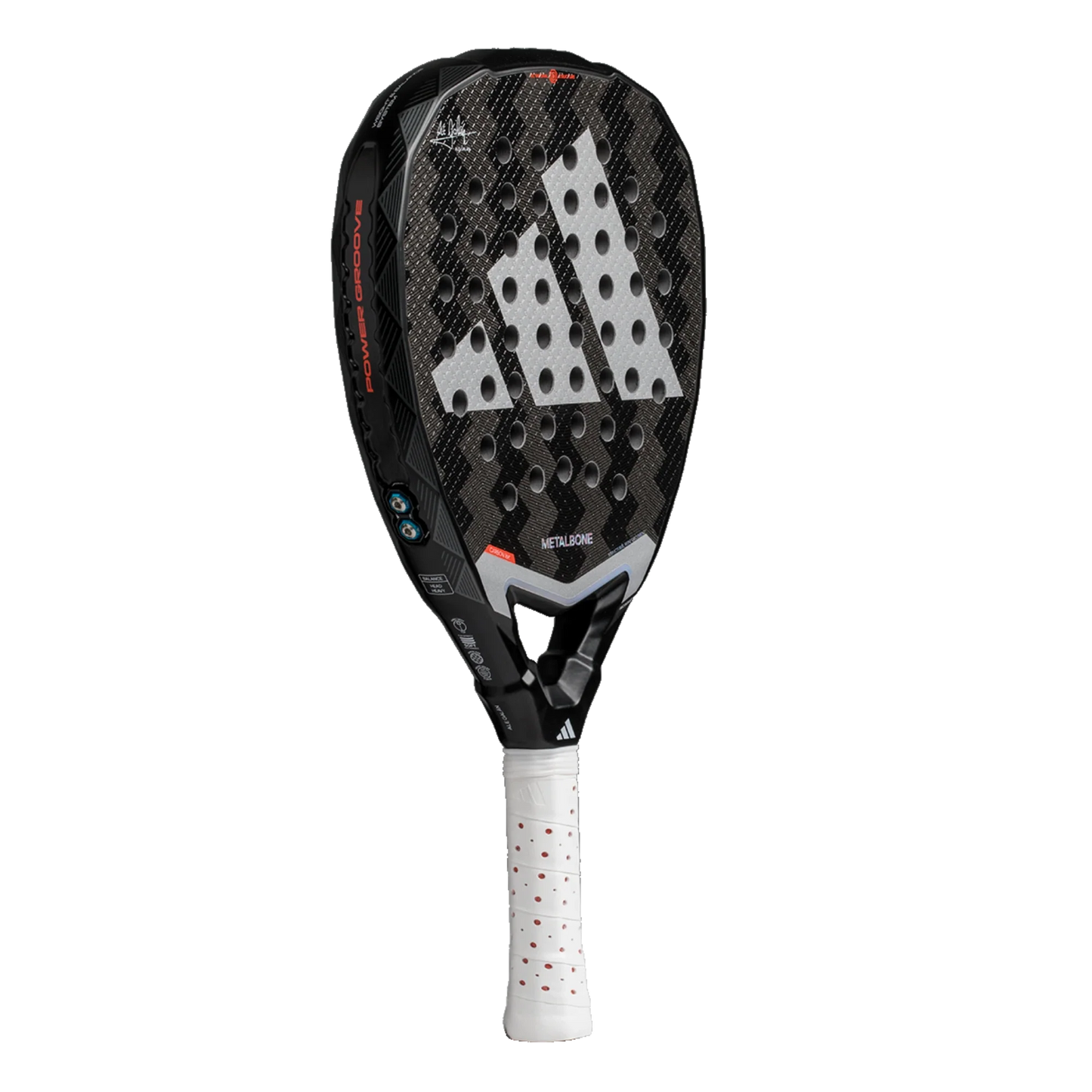 The Adidas Metalbone 3.4 by Padel USA is a black, teardrop-shaped professional paddle racket with a carbon fiber pattern, large white Adidas logo, round face holes, white perforated grip, and subtle red and silver accents.