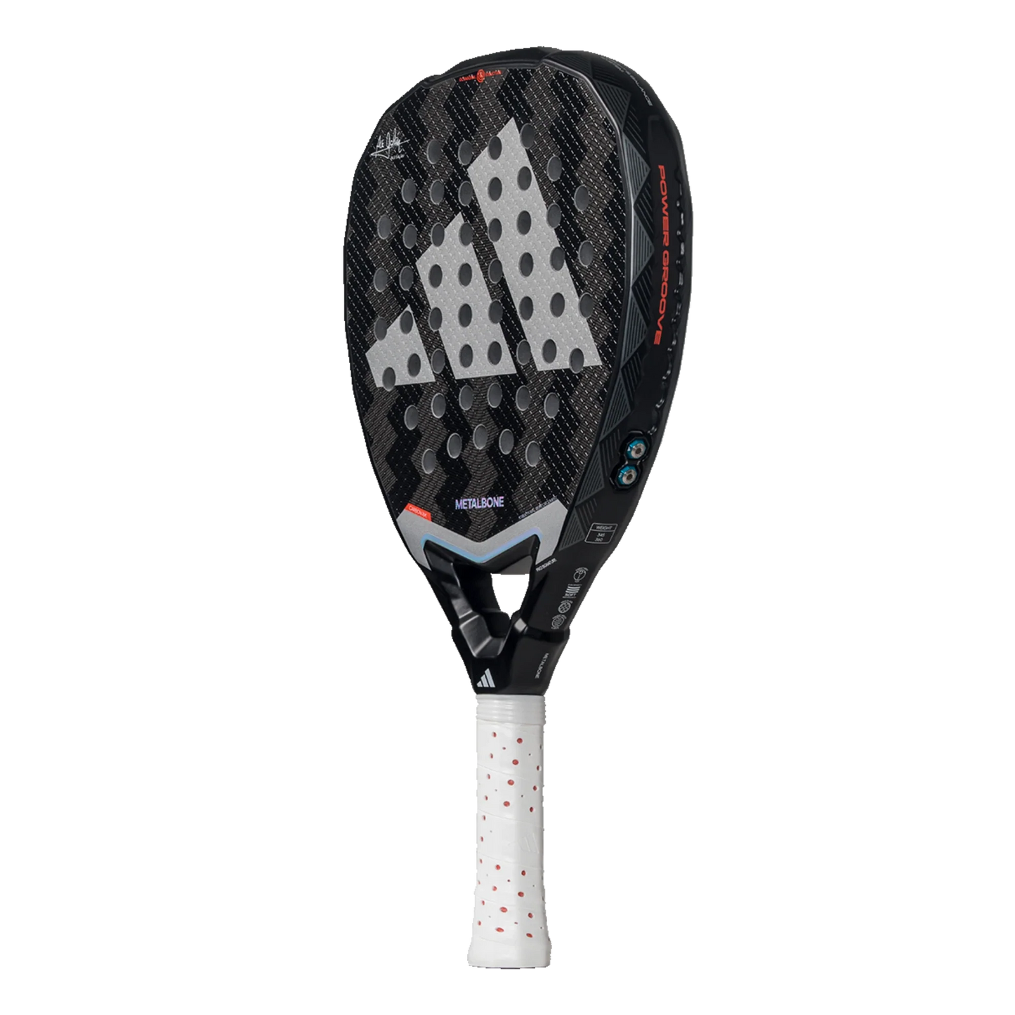 The Adidas Metalbone 3.4 from Padel USA is a black carbon fiber paddle racket with white diagonal stripes, round perforations, and a white grip with red dots. It features angular design elements and visible branding near the throat for power and control.