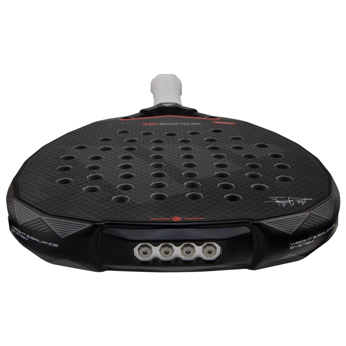 Close-up of the Adidas Metalbone 3.4 paddle by Padel USA, featuring a textured carbon fiber surface, multiple round holes, geometric accents, white frame text, a white grip, and five screw-like inserts against a plain background.