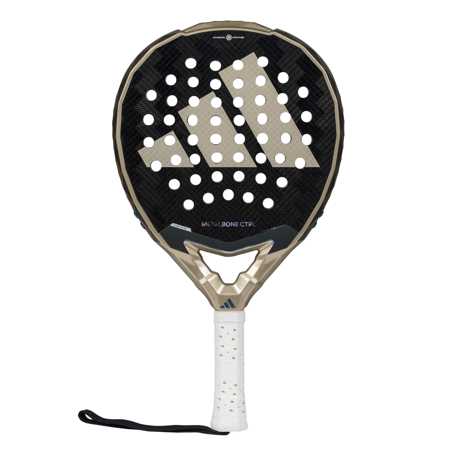 The Adidas Metalbone Ctrl 3.4 2025 by Padel USA is a black and gold padel racket with a large white logo, circular head holes, a white grip handle with wrist strap, and the model name near the throat on carbon fiber construction.