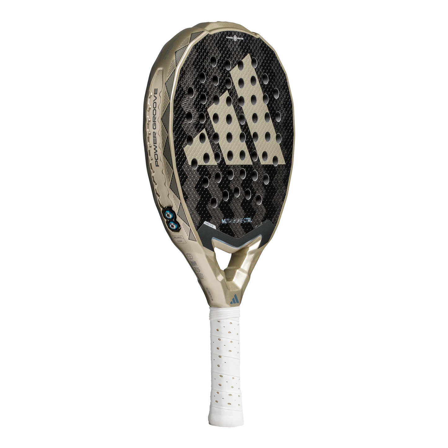 The Adidas Metalbone Ctrl 3.4 2025 from Padel USA is a beige and black carbon fiber padel racket with a large Adidas logo, advanced spin tech, white grip, and angular edges, shown on a plain white background.
