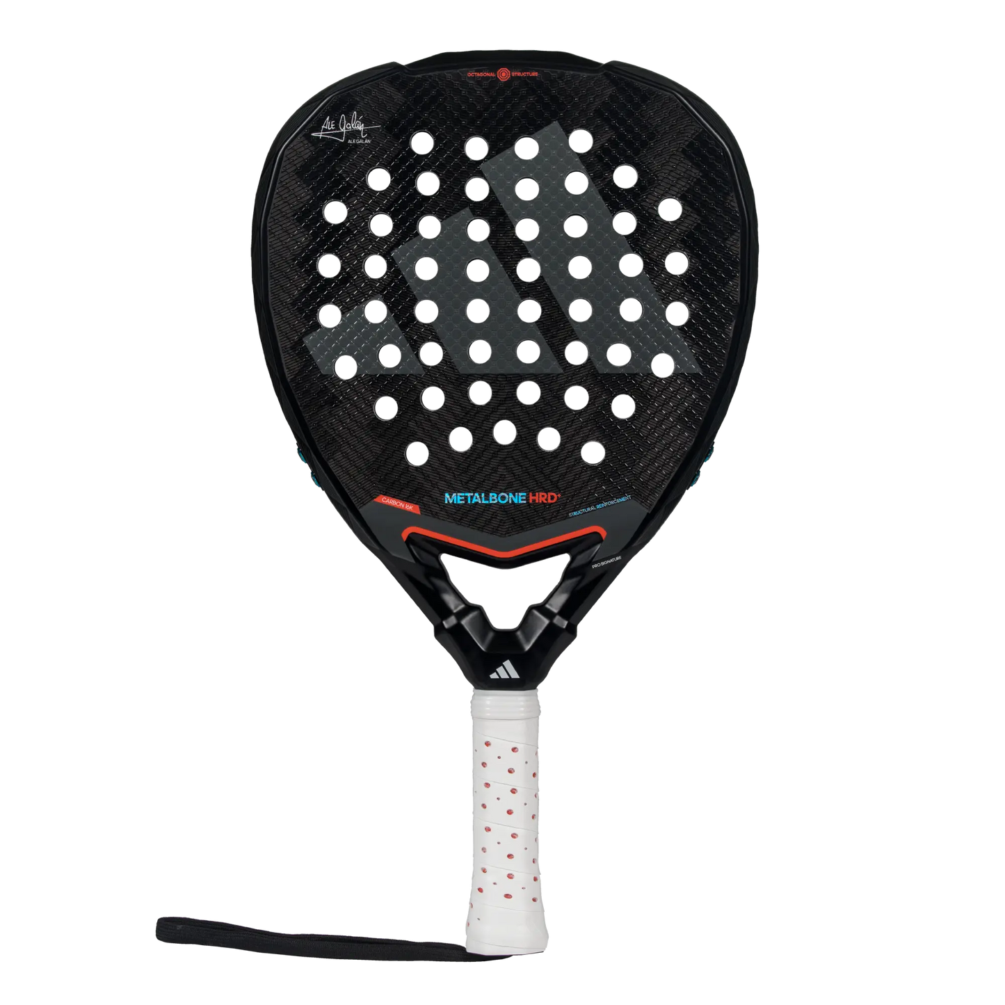 The Adidas Metalbone HRD+ 3.4 2025 from Padel USA is a black, teardrop-shaped padel racket featuring a large white Adidas logo, circular holes for spin, red accents, and a white grip with red dots and wrist strap.