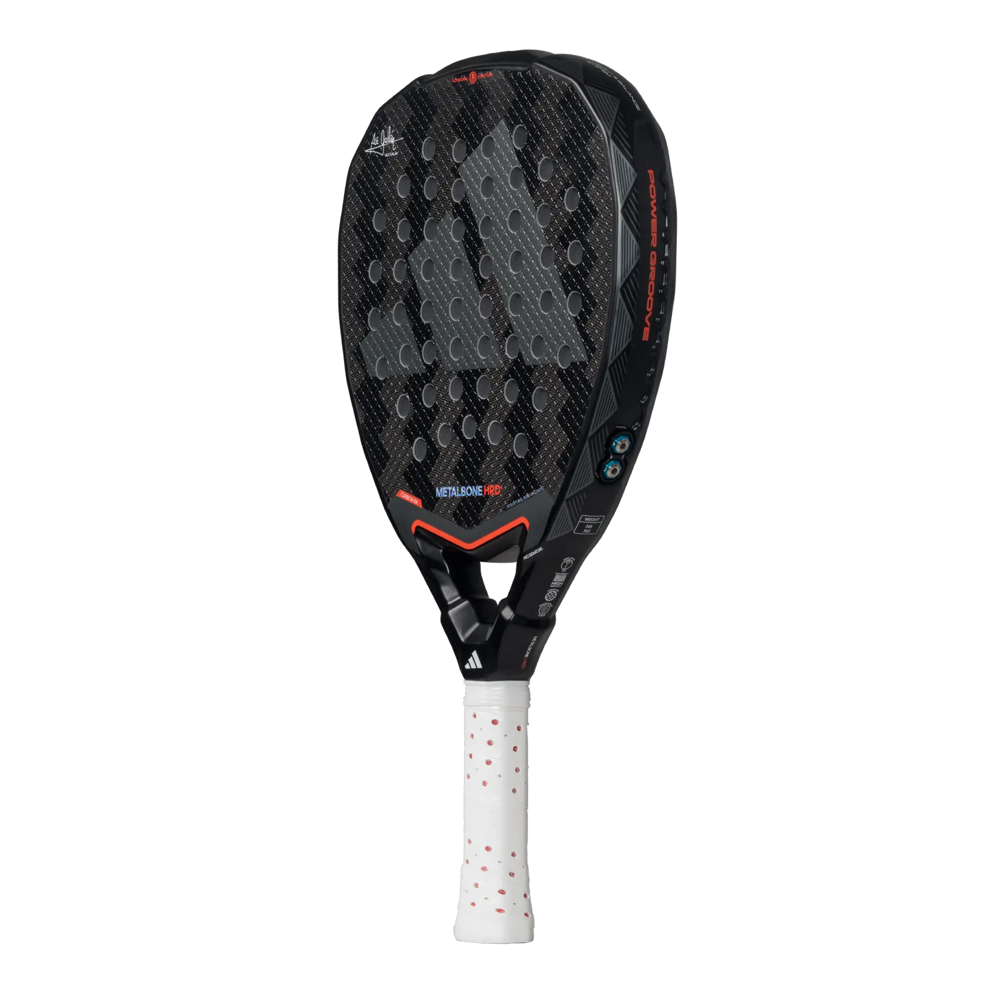 The Adidas Metalbone HRD+ 3.4 2025 by Padel USA features a black textured carbon fiber surface for spin, round holes, red and white accents, and a white grip with red dots, displayed against a plain white background.