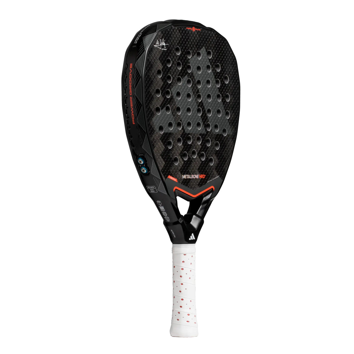 The Adidas Metalbone HRD+ 3.4 2025 by Padel USA is a black teardrop padel racket with a textured carbon fiber face, red accents, and white grip tape with red dots. Logos are displayed on the face and neck of the racket.
