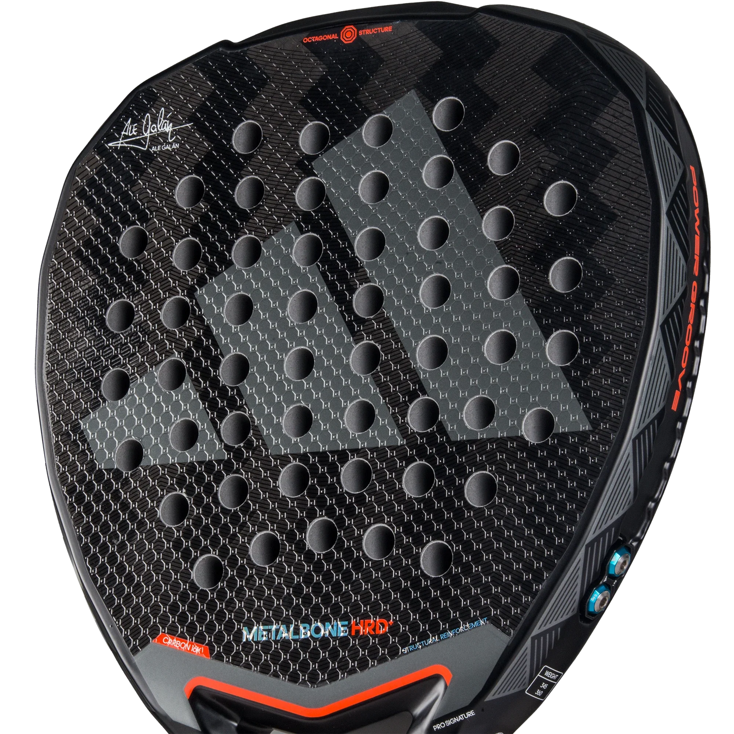 Close-up of the Adidas Metalbone HRD+ 3.4 2025 padel racket from Padel USA, featuring a black teardrop shape, carbon fiber build, honeycomb-textured surface with red accents, “METALBONE HRD” text, Adidas logo, and spin-enhancing design.