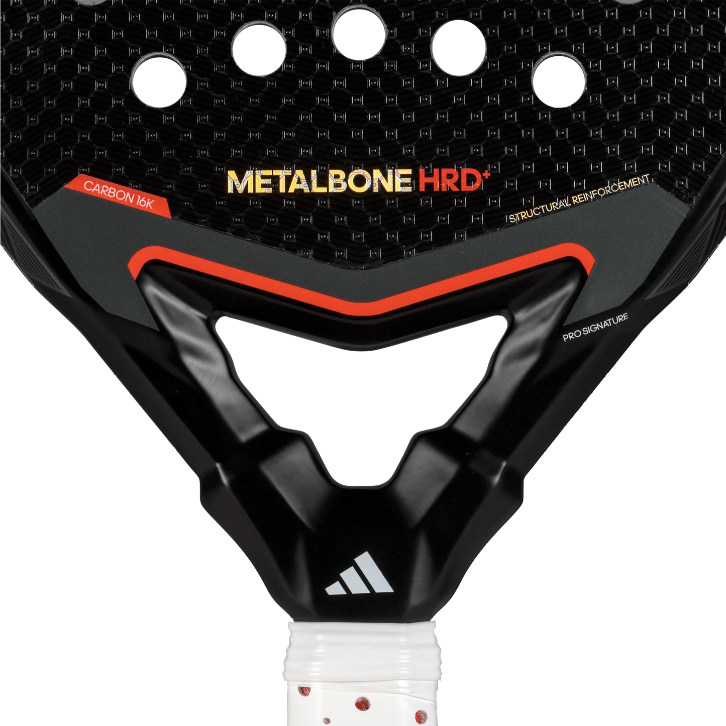Close-up of the Adidas Metalbone HRD+ 3.4 2025 padel racket by Padel USA, showing its textured carbon fiber throat, METALBONE HRD+ text in yellow and red, and features like high memory EVA, CARBON 16K, and spin-enhancing details.