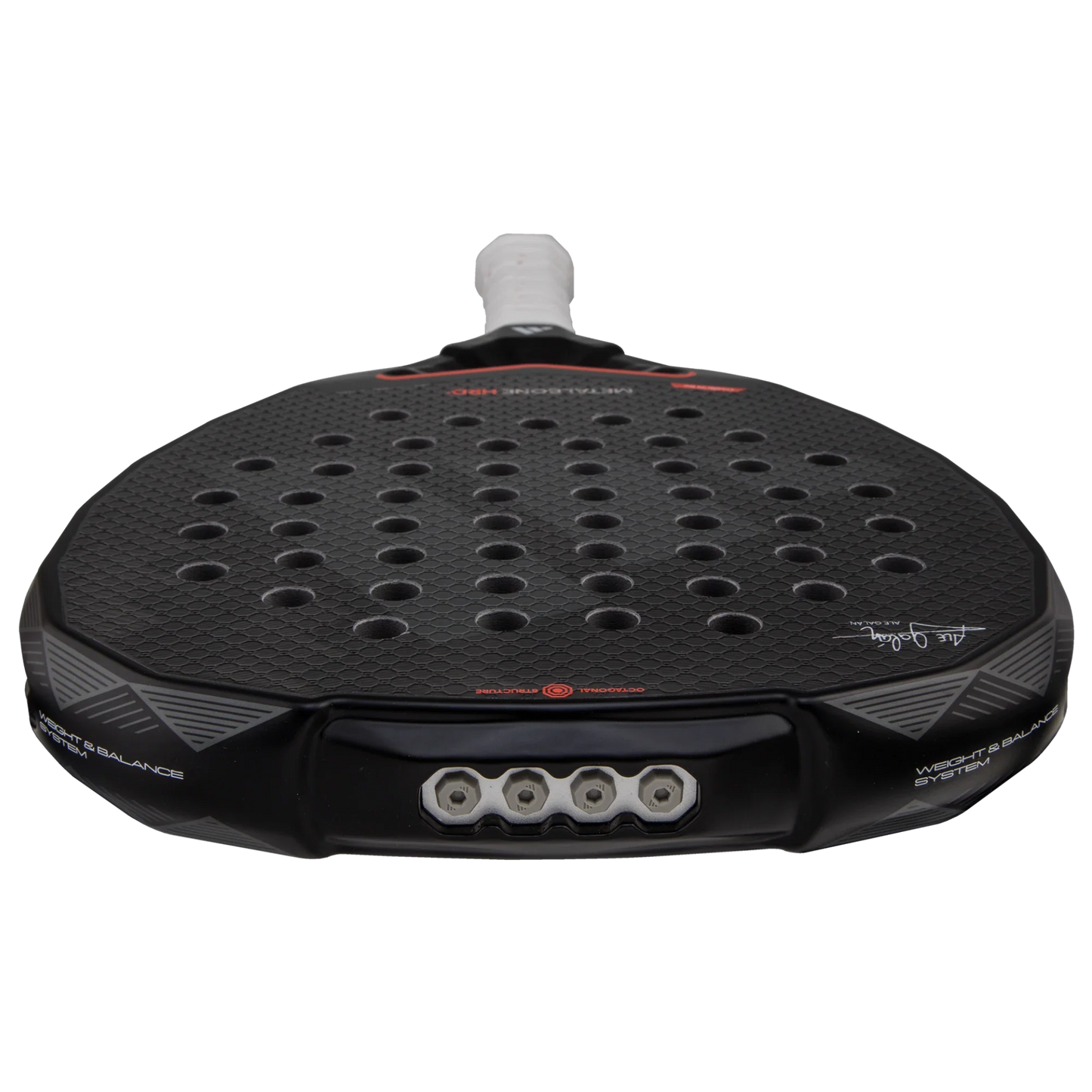 A close-up of the Adidas Metalbone HRD+ 3.4 2025 padel racket by Padel USA, featuring a black carbon fiber body with a textured, dotted surface, round holes, white grip tape, and five silver weights with visible text on the bottom edge.