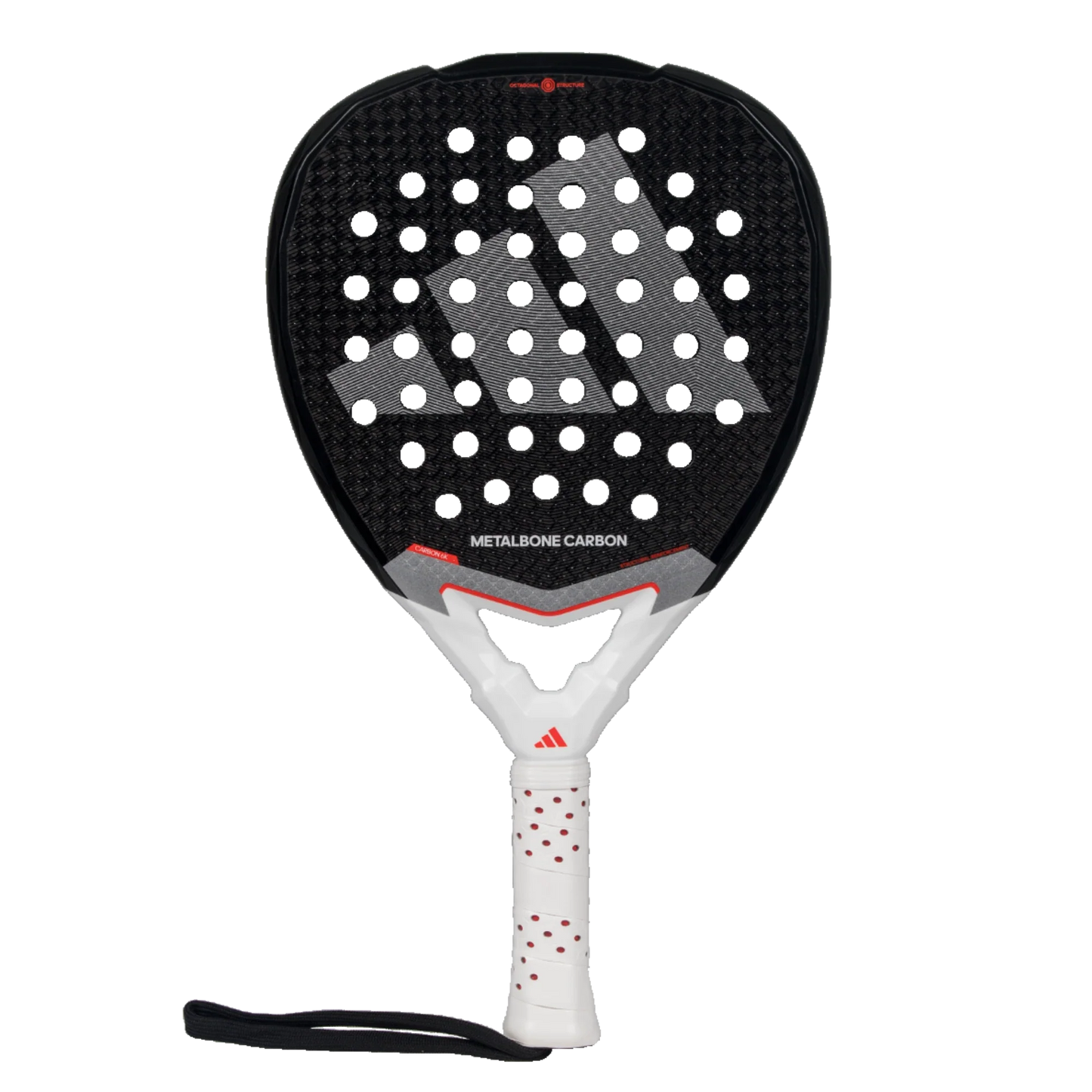The Adidas Metalbone Carbon 3.4 by Padel USA is a black carbon fiber padel racket with a white Adidas logo, white and red accents, “METALBONE CARBON” text, and multiple circular holes on the face for superior spin control in pro-level play.