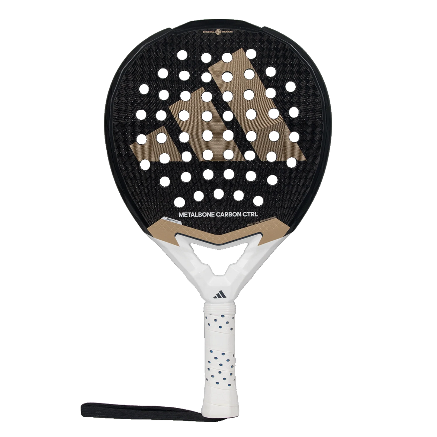 The Adidas Metalbone Carbon Ctrl 3.4 2025 by Padel USA is a black carbon fiber padel racket featuring large beige stripes, round holes, a white neck, an Extra Power Grip handle with black dots, “METALBONE CARBON CTRL” above the neck, and a black wrist strap.