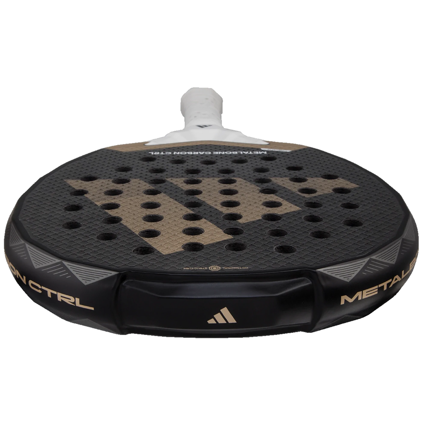 The Adidas Metalbone Carbon Ctrl 3.4 2025 by Padel USA is a black carbon fiber padel racket with a round, textured face, multiple holes, gold geometric designs, Adidas logo, “CTRL” and “METALBONE” in gold, plus a white Extra Power Grip handle.
