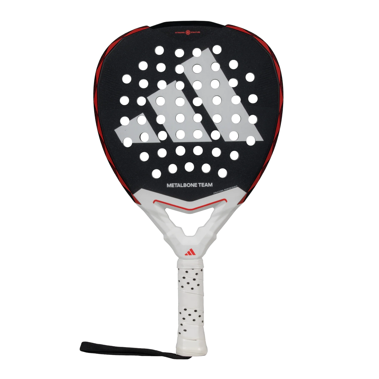 The Adidas Metalbone Team 3.4 from Padel USA is a black and white padel racket with a perforated face, large white logo, white handle with black dots, black wrist strap, red accents, and "METALBONE TEAM" printed on the lower face for explosive power.