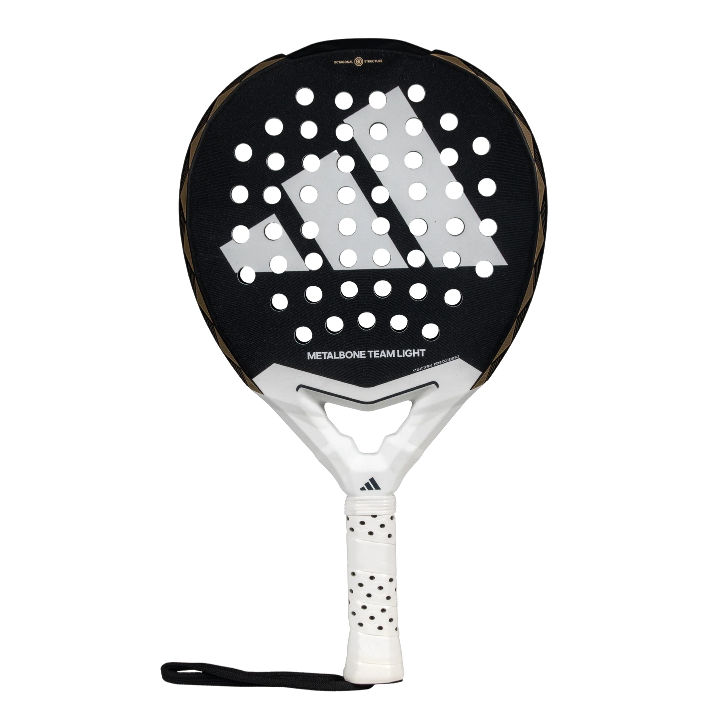 The Padel USA Adidas Metalbone Team Light 3.4 is a black and white women's racket with a large logo, perforated face, white grip tape with black dots, wrist strap, and "METALBONE TEAM LIGHT" text on the frame.