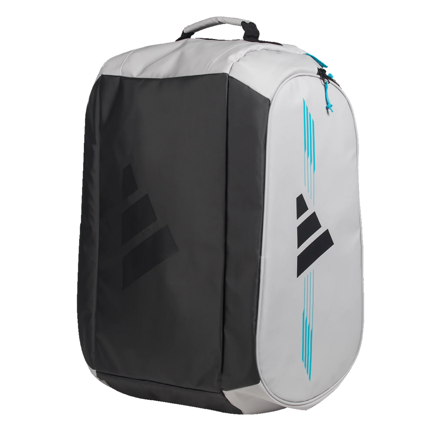 The Adidas PROTOUR OFFWHITE Racket Bag 3.4 by Padel USA is a large, rectangular sports bag with a sturdy top handle, spacious main and ventilated bottom compartments, and abstract black-blue logos on black/white panels with vertical blue zipper lines.