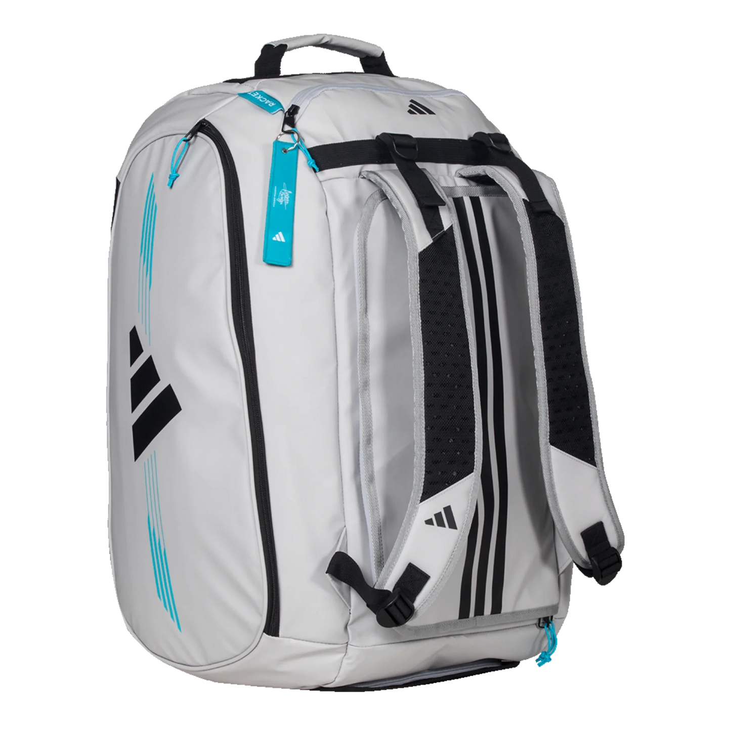 The Adidas PROTOUR OFFWHITE Racket Bag 3.4 by Padel USA is a light gray duffel with black and turquoise accents, thermal-insulated side pockets, striped straps, top handle, blue luggage tag, and Adidas logo, shown upright on a white background.