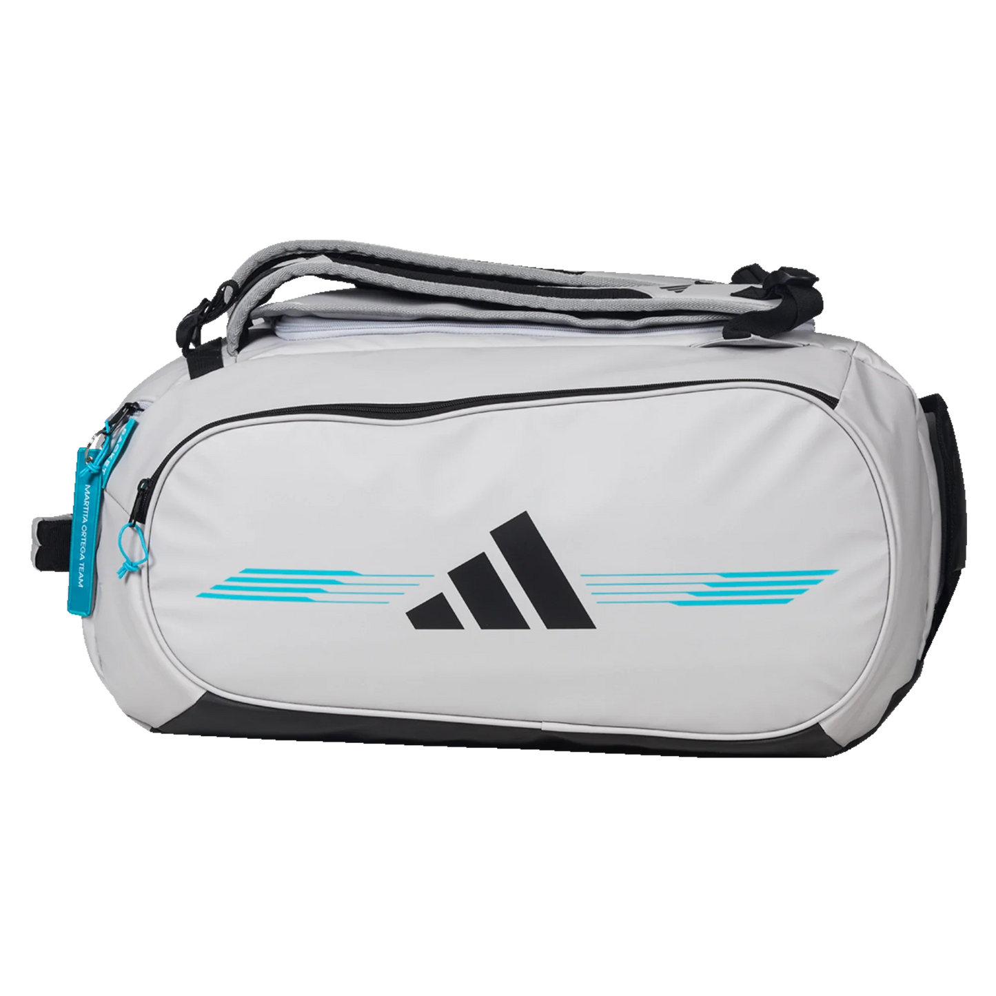 The Adidas PROTOUR OFFWHITE Racket Bag 3.4 by Padel USA is a white duffel with black logo, turquoise accents, a large central compartment, padded shoulder strap, and turquoise zipper pull on the left against a plain white background.