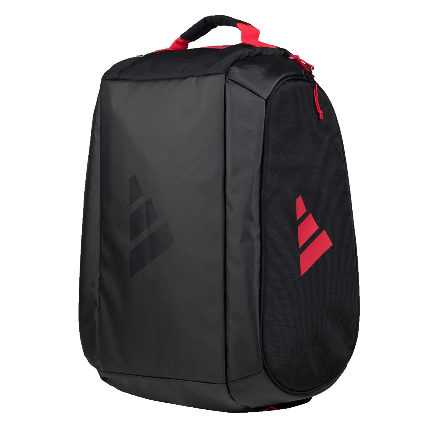 The Adidas TOUR BLACK Racket Bag 3.4 by Padel USA is a sleek black sports bag with a soft rectangular shape, red handle and zipper, two abstract triangular logos, and a ventilated shoe compartment on a plain white background.