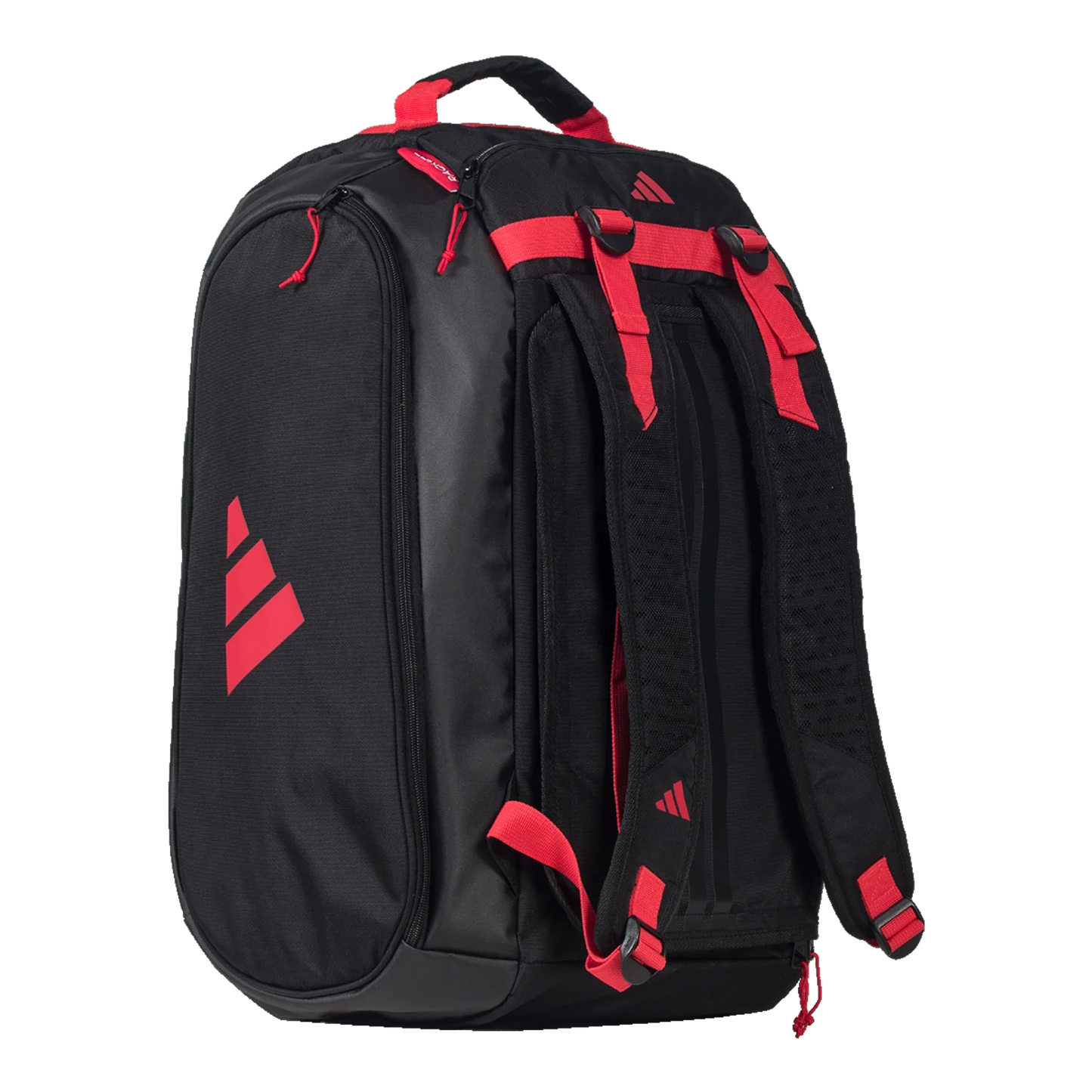 The Adidas TOUR BLACK Racket Bag 3.4 from Padel USA features padded shoulder straps, a top handle, multiple zippered compartments—including a ventilated shoe pocket—and bold red diagonal striped logos for a striking look.
