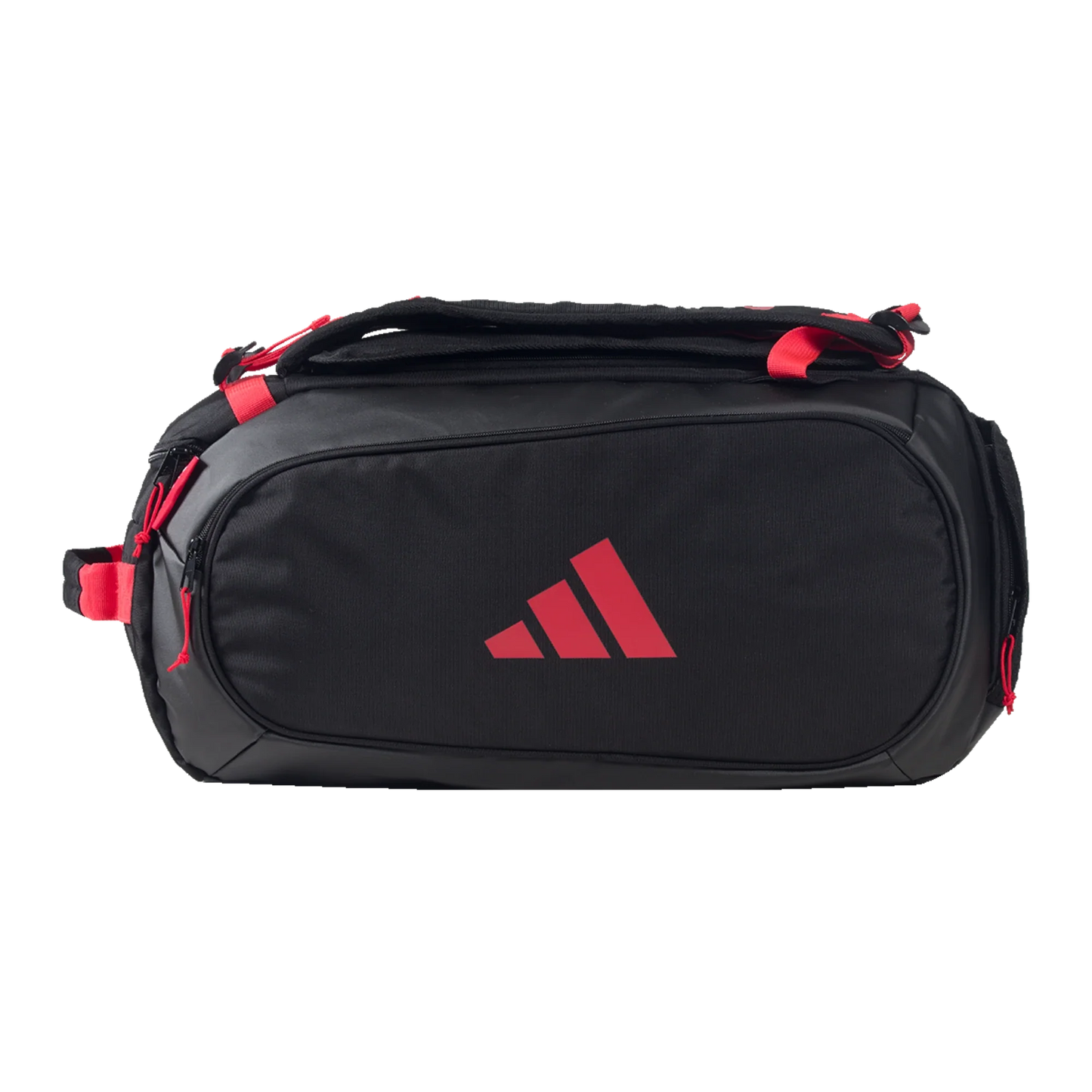 The Adidas TOUR BLACK Racket Bag 3.4 by Padel USA is a black duffel bag with red accents and logo, featuring multiple zippers, a ventilated shoe compartment, padded shoulder strap, and top handles against a plain white background.