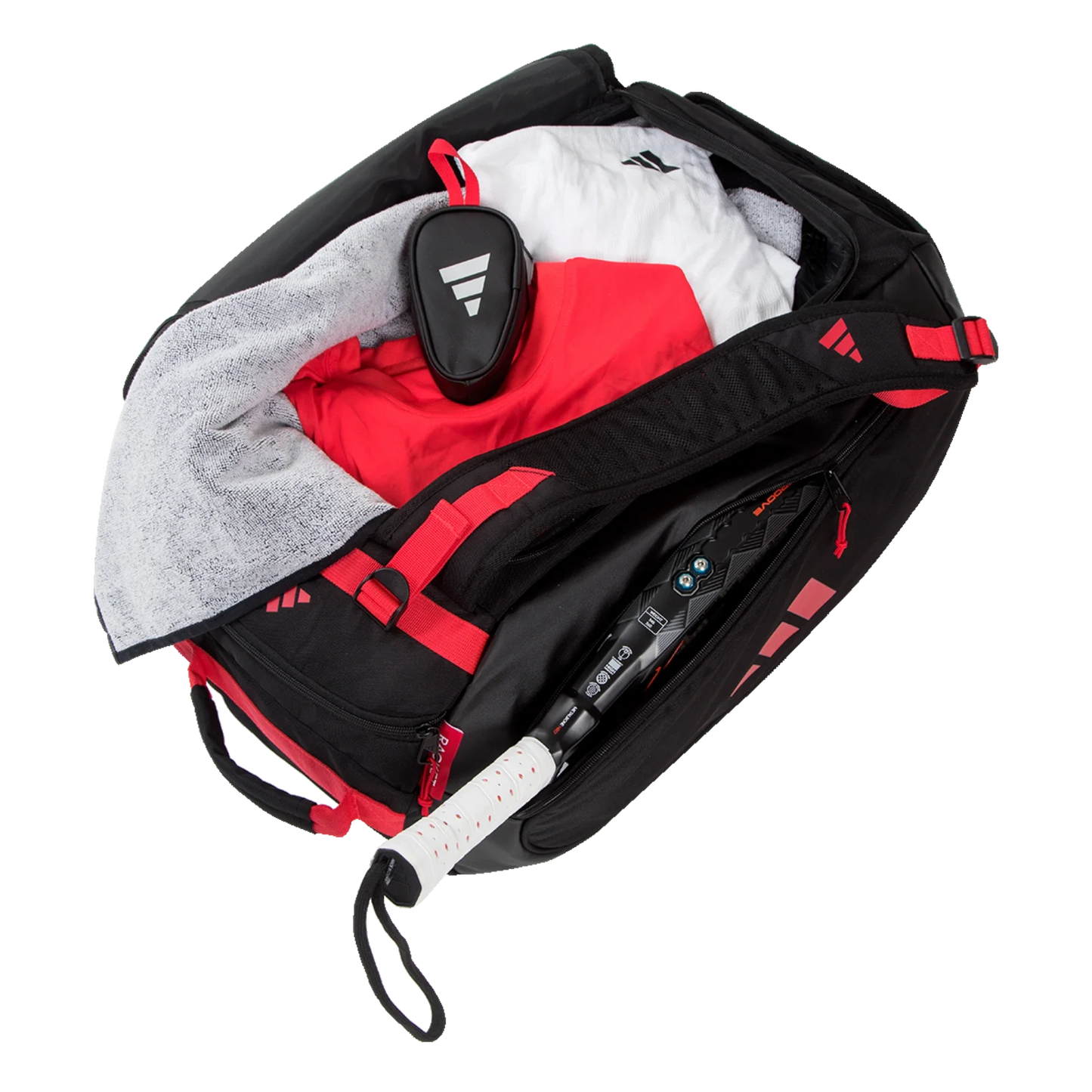 The Adidas TOUR BLACK Racket Bag 3.4 by Padel USA is open, showing a white towel, a white and red shirt, a black case, and a tennis racquet with a white grip neatly stored inside its thermal-insulated racket compartment.