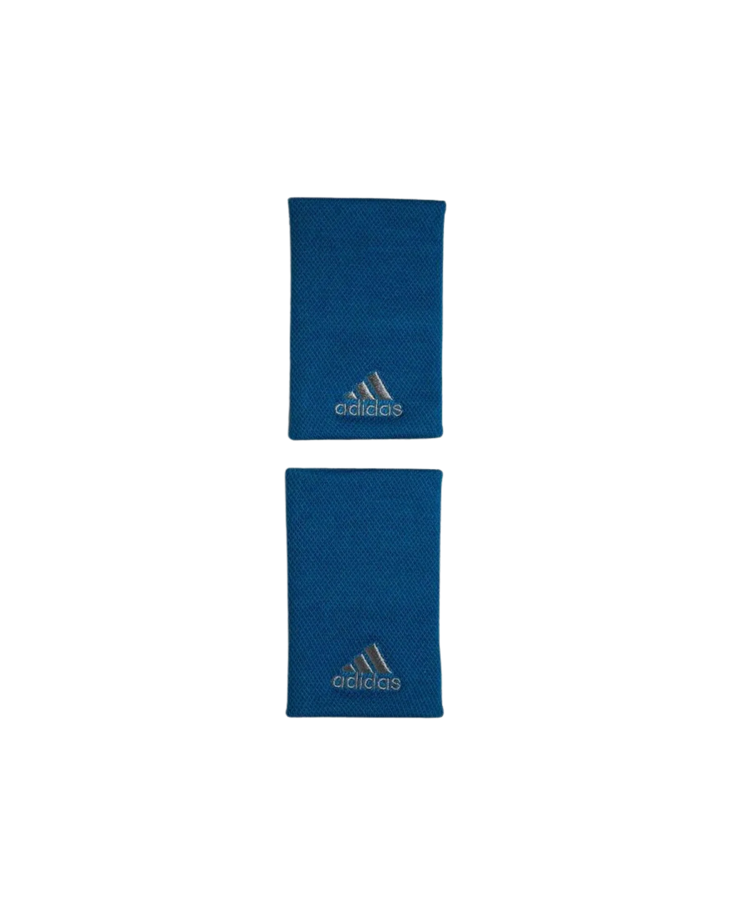 Two blue Adidas WRISTBAND Large x2 by Padel USA are displayed vertically on a white background. Each absorbent wristband features the white adidas logo and “adidas,” showcasing their soft, premium sports accessory quality.