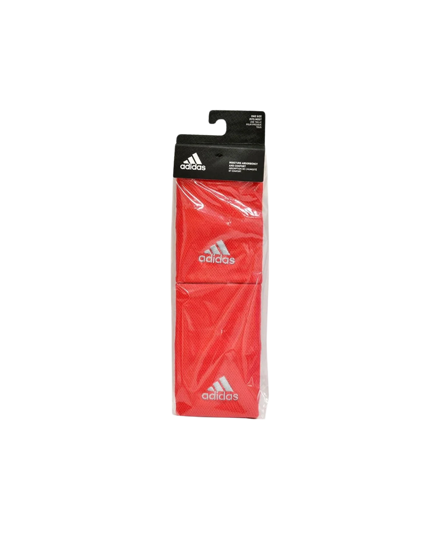 A pack of two red Adidas WRISTBAND Large x2 by Padel USA, featuring white Adidas logos, comes in clear plastic packaging with a black cardboard hanger top. Ideal as sports or tennis accessories. Plain white background.