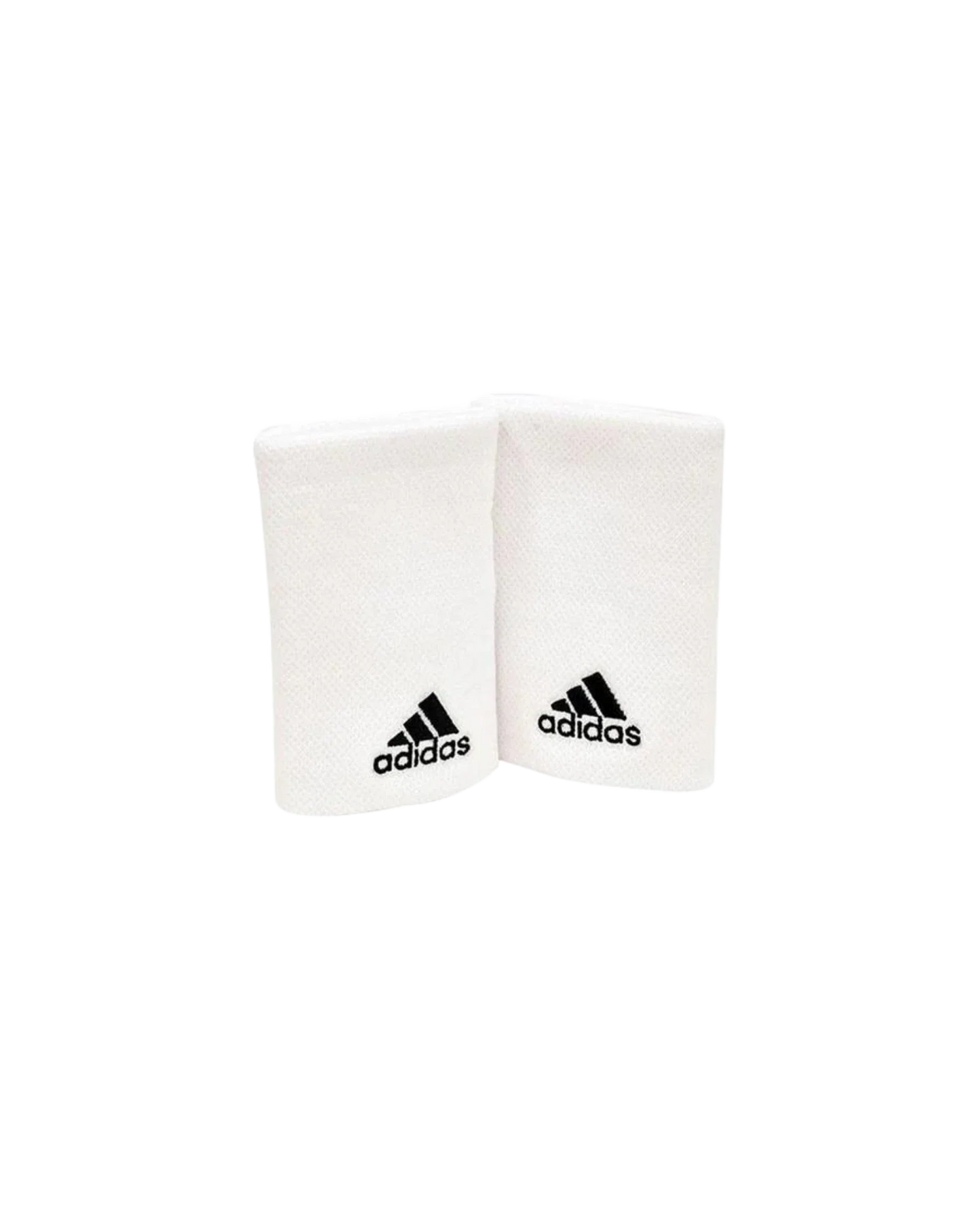 A pair of white Adidas WRISTBAND Large x2, available at Padel USA, featuring black Adidas logo and text centered on each. Both wristbands are shown side by side against a plain white background.