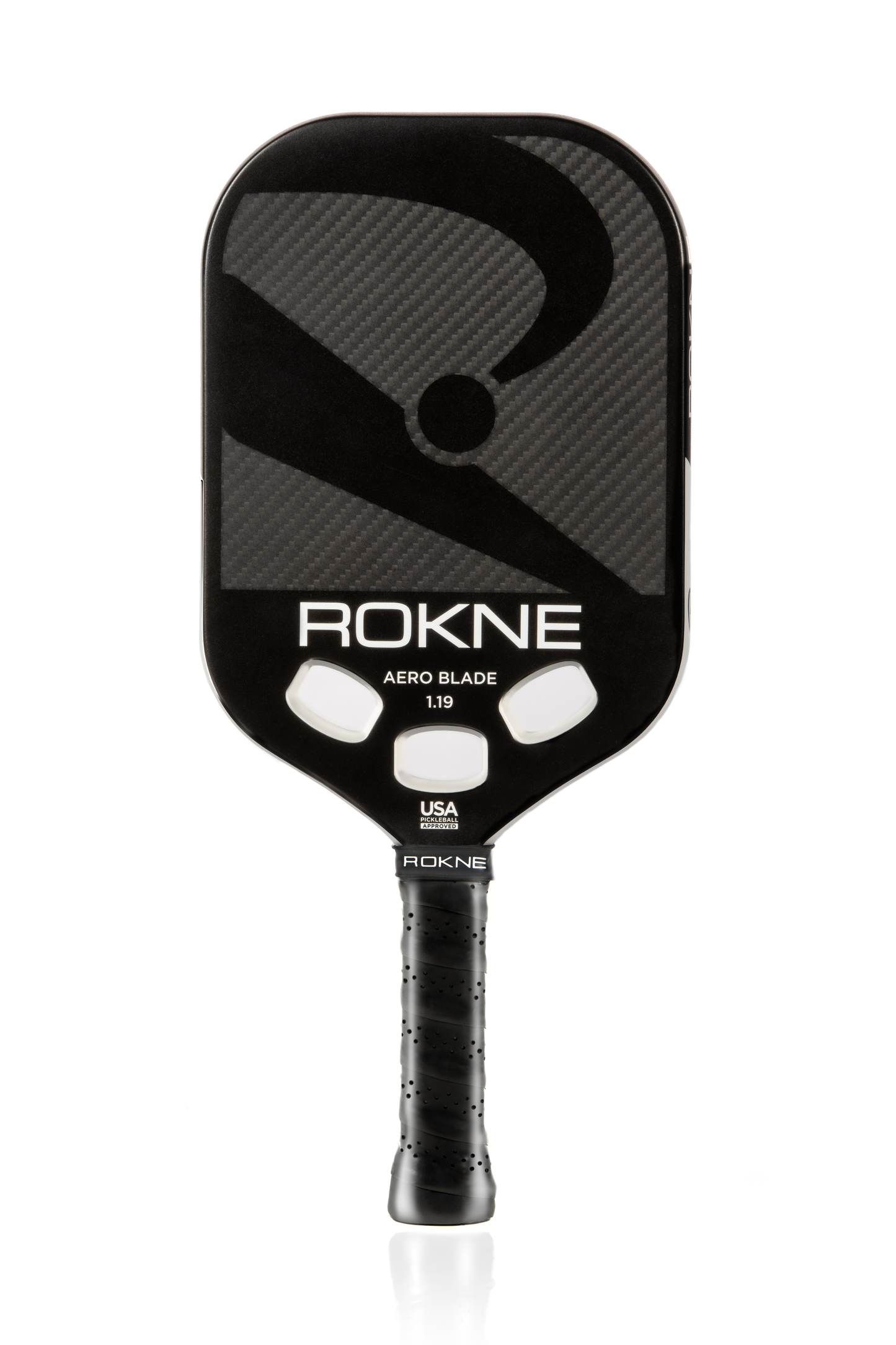 The ROKNE AERO BLADE 1.19 boasts a black carbon fiber face with bold diagonal and circular graphics, white ROKNE branding, a textured black grip, “USA Pickleball Approved” emblem by the throat, and an option for a toolless custom dampener.
