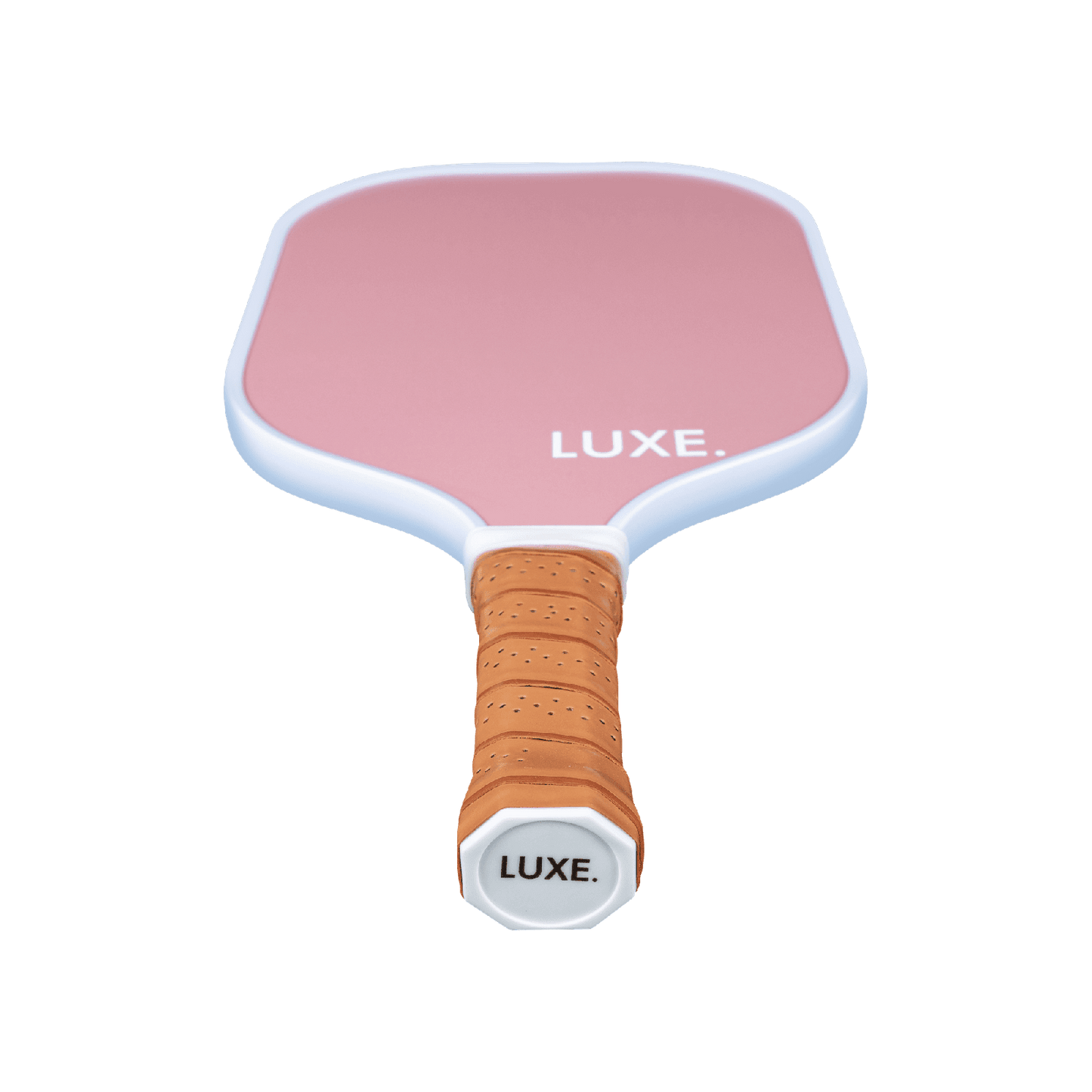 The LUXE Pickleball Aesthetic Solids - Ace paddle features a plain pink design with a white handle, is USA Pickleball Approved, and is perfect for your next match.