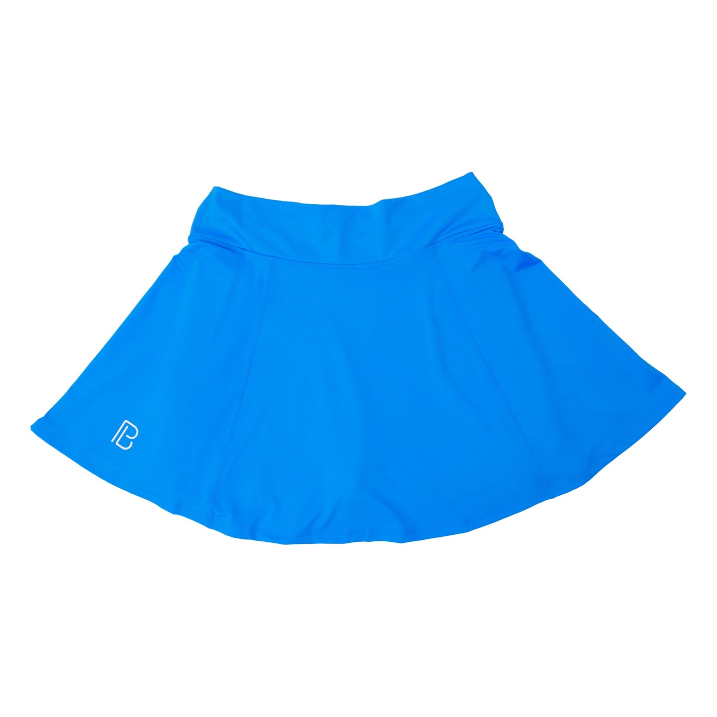 The Pickleball Bella PB Aline Skort in Electric Blue with Net Worth features a flared hem, wide waistband, built-in compression shorts, and a small white R logo on the lower left. Shown on a plain white background.