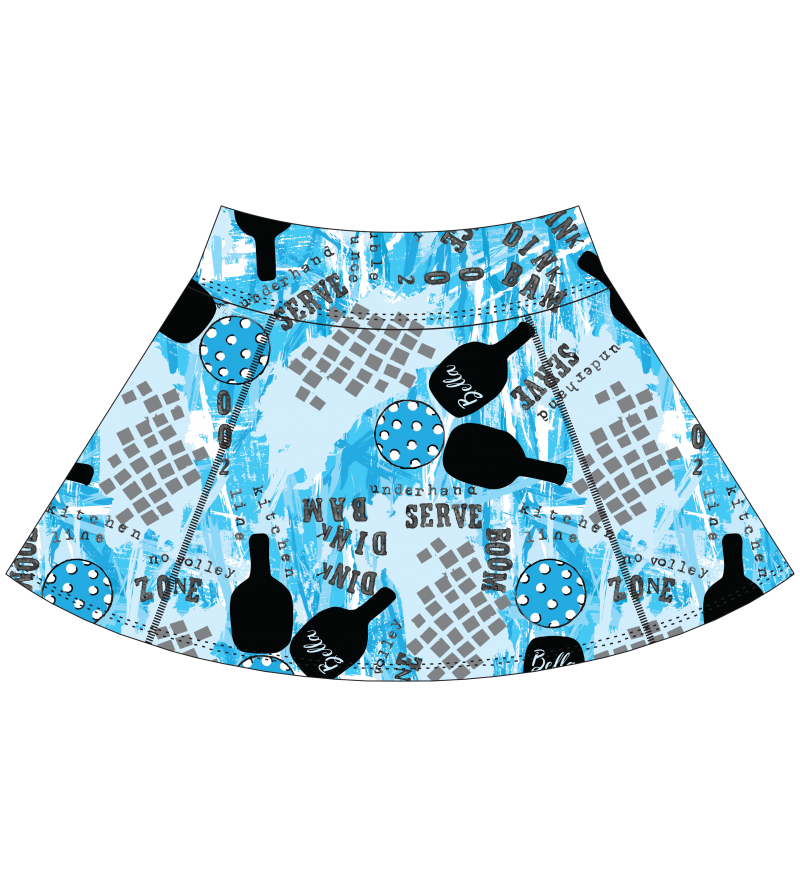The PB Aline Skort Graffiti 2 by Pickleball Bella is a blue athletic skirt with A-line cut, showcasing a tennis-themed print of black rackets and bottles, white balls with blue dots, abstract grids, and bold text like SERVE, BAM, and DINK.