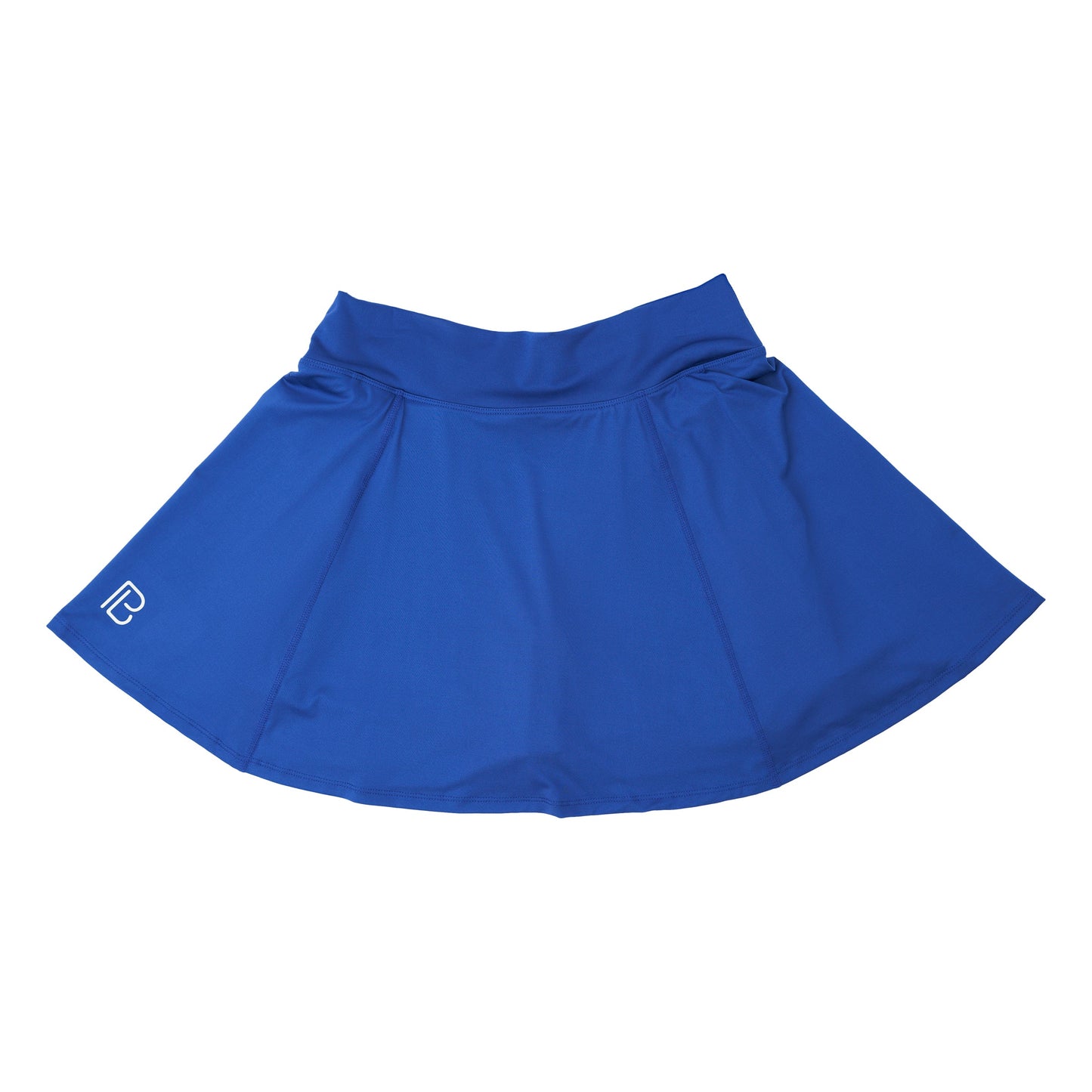 The Pickleball Bella PB Aline Skort Navy with Double Bounce is an athletic, royal blue A-line skort with a flared shape, wide waistband, and small white logo on the lower left hem. Made with smooth, stretchy fabric. Plain white background.