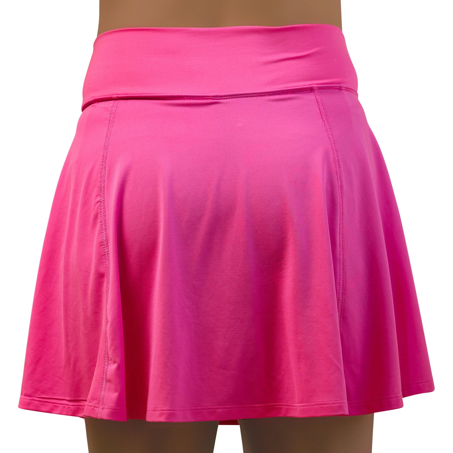 The PB Aline Skort Neon Pink with Groovy by Pickleball Bella is a flared, neon pink A-line skort with a wide waistband and smooth, slightly shiny fabric, shown on a mannequin against a white background.