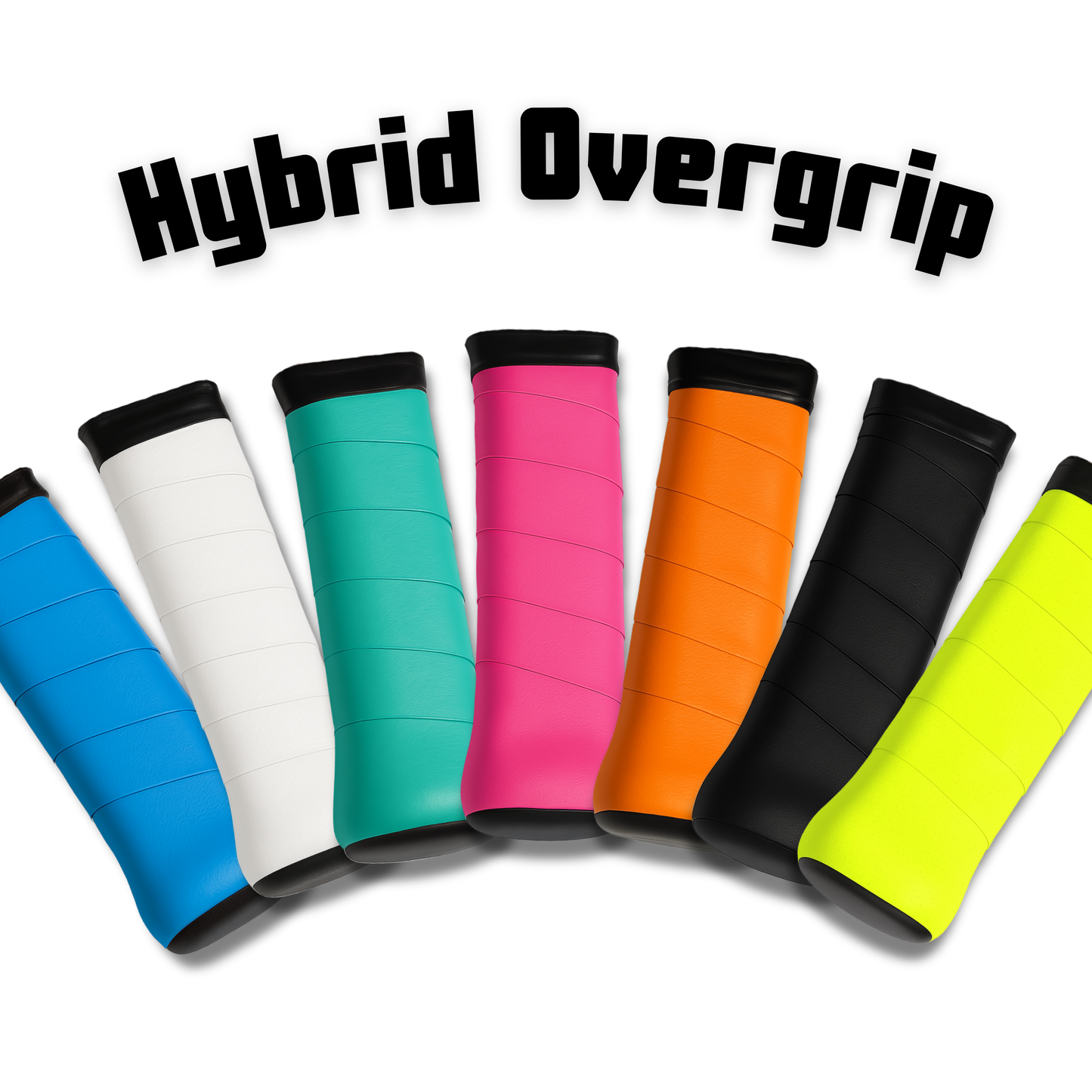 Seven Edgy Pickleball Hybrid Overgrip - 3 Pack handles in blue, white, teal, pink, orange, black, and yellow are lined up side by side under a bold "Hybrid Overgrip" label on a crisp white background.