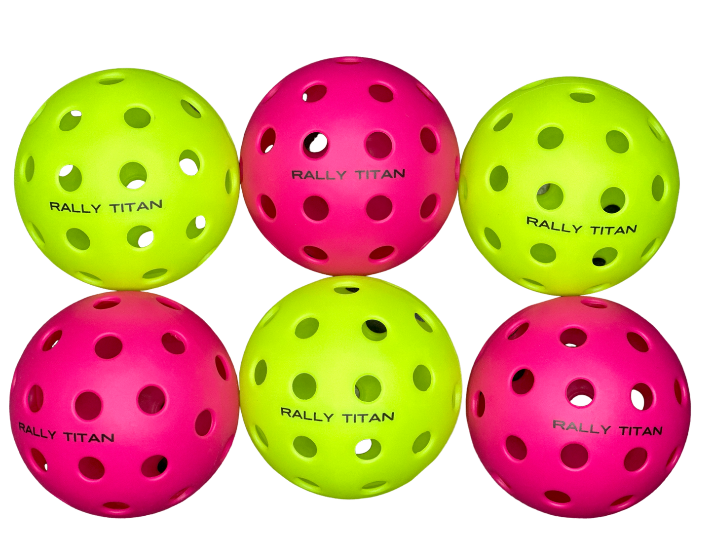 Six Rally Titan Pickleball Balls—three bright pink and three neon yellow—are arranged in two rows on a white background. Each ball has evenly spaced holes and "RALLY TITAN" printed on the side.