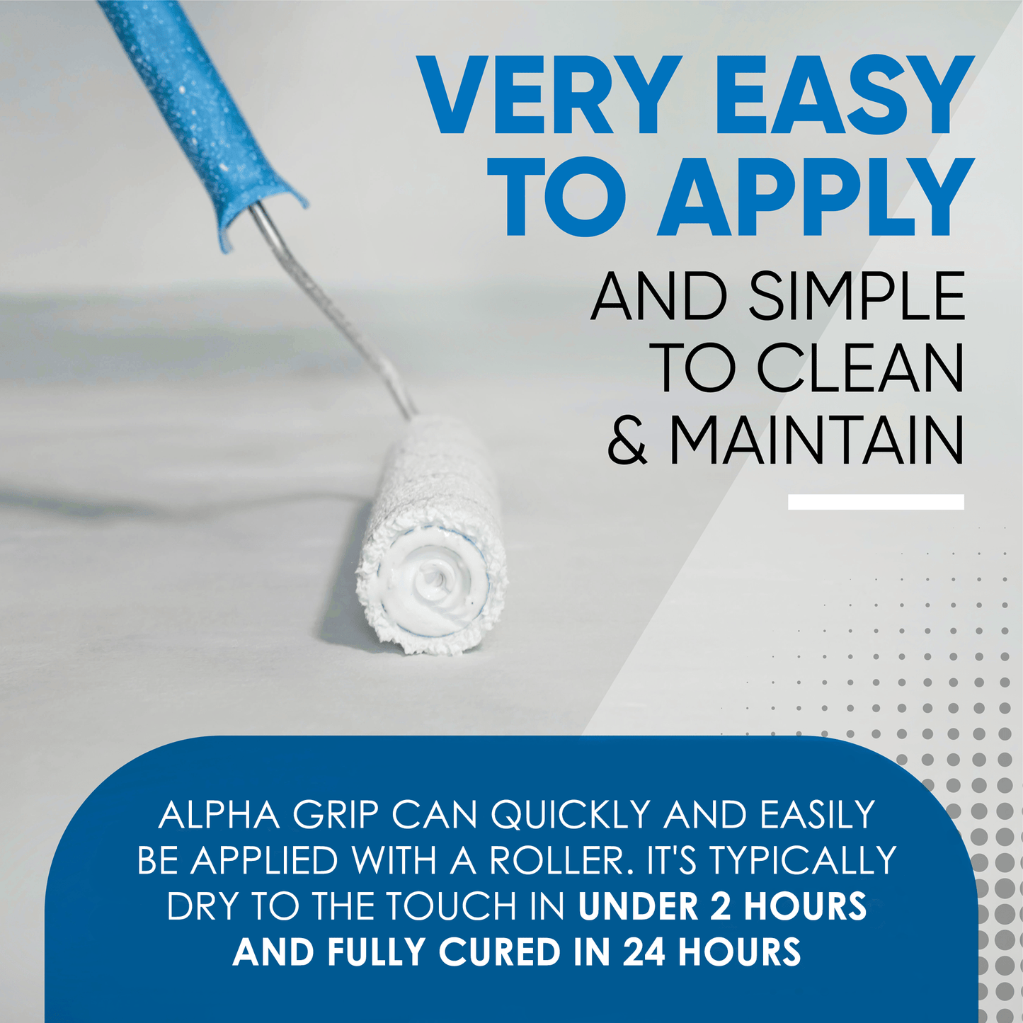 A roller with a blue handle applies white Alpha Grip Non-Slip Stripe and Athletic Court Paint by SlipDoctors to a light surface. Text: “Easy to apply and clean, this paint is ideal for pickleball courts or as an asphalt coating.”.