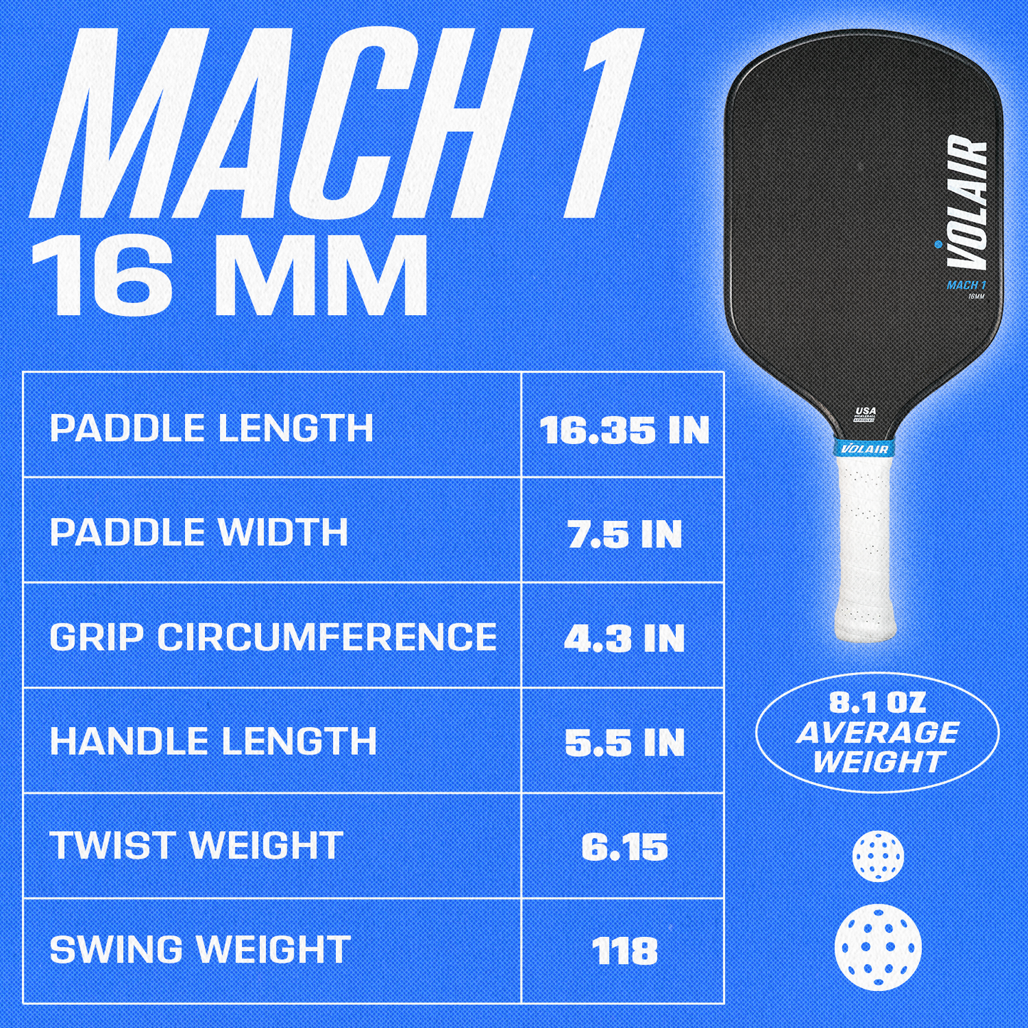 A blue graphic shows specs for the Volair Pickleball Mach 1 Paddle with a black paddle: length 16.35", width 7.5", grip 4.3", handle 5.5", twist weight 6.15, swing weight 118, average weight 8.1 oz, plus a Money Back Guarantee.