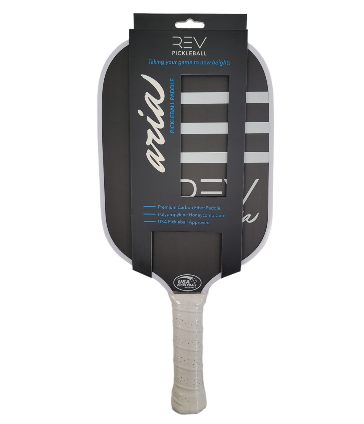 The REV Pickleball ARIA Paddle (7.5 oz) is shown in its packaging, featuring a sleek black T700 carbon fiber face with white stripes, a white grip handle, honeycomb core, and USA Pickleball approved design.