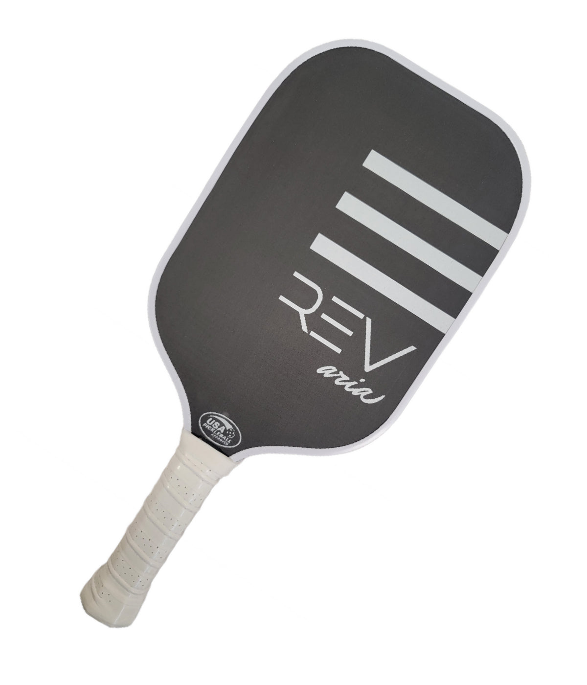 The REV Pickleball ARIA Paddle (7.5 oz) features a black T700 carbon fiber face with bold white diagonal lines, “REV aria” text, white edges, and grip. Manufacturer’s logo is on the handle. USA Pickleball approved. Shown on a white background.