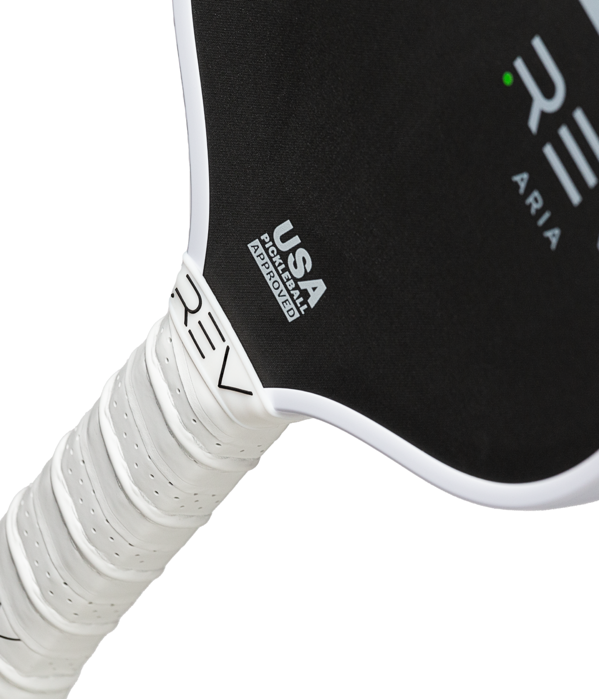 Close-up of the ARIA Pickleball Paddle by REV Pickleball (8.0 oz), showing a white grip with black accents, T700 carbon fiber face, white edge trim, and "USA Pickleball Approved" near the handle top against a plain white background.