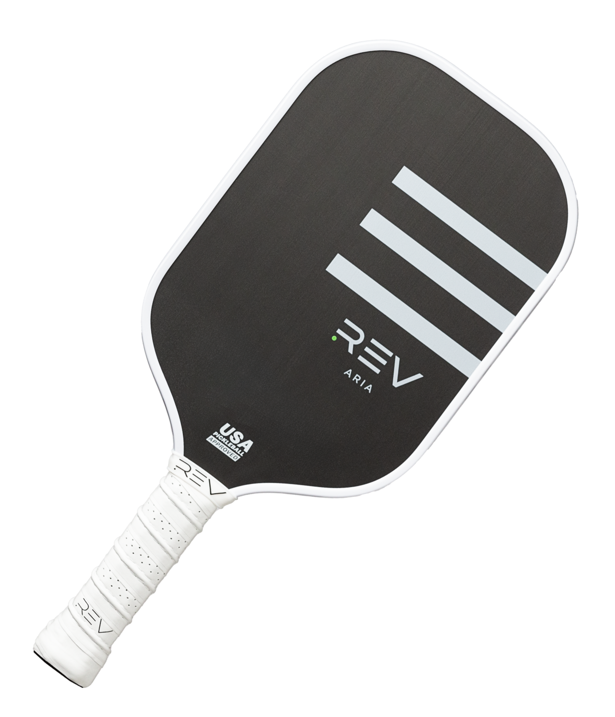 The ARIA Pickleball Paddle by REV Pickleball is 8.0 oz, black with three white diagonal stripes, REV and ARIA text, a white grip, T700 carbon fiber build, USA Pickleball Approved logo, and sleek white-edged accents.