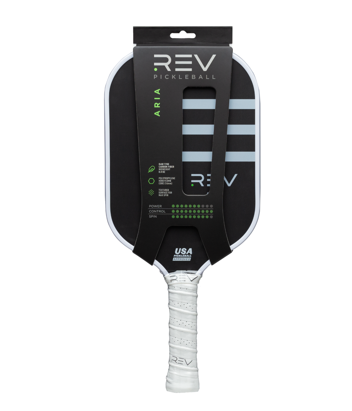 The ARIA Pickleball Paddle by REV Pickleball is an 8.0 oz black-and-white elongated T700 carbon fiber paddle with gray stripes, white dots, a white “REV” grip, and a “USA Pickleball Approved” badge above the handle.