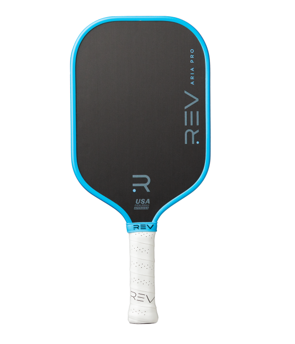 A black carbon fiber REV Pickleball ARIA PRO paddle features a blue edge, white handle, and gray accents. “REV” and “ARIA PRO Pickleball Paddle” appear in silver on the right, with "USA Pickleball Approved" near the handle.